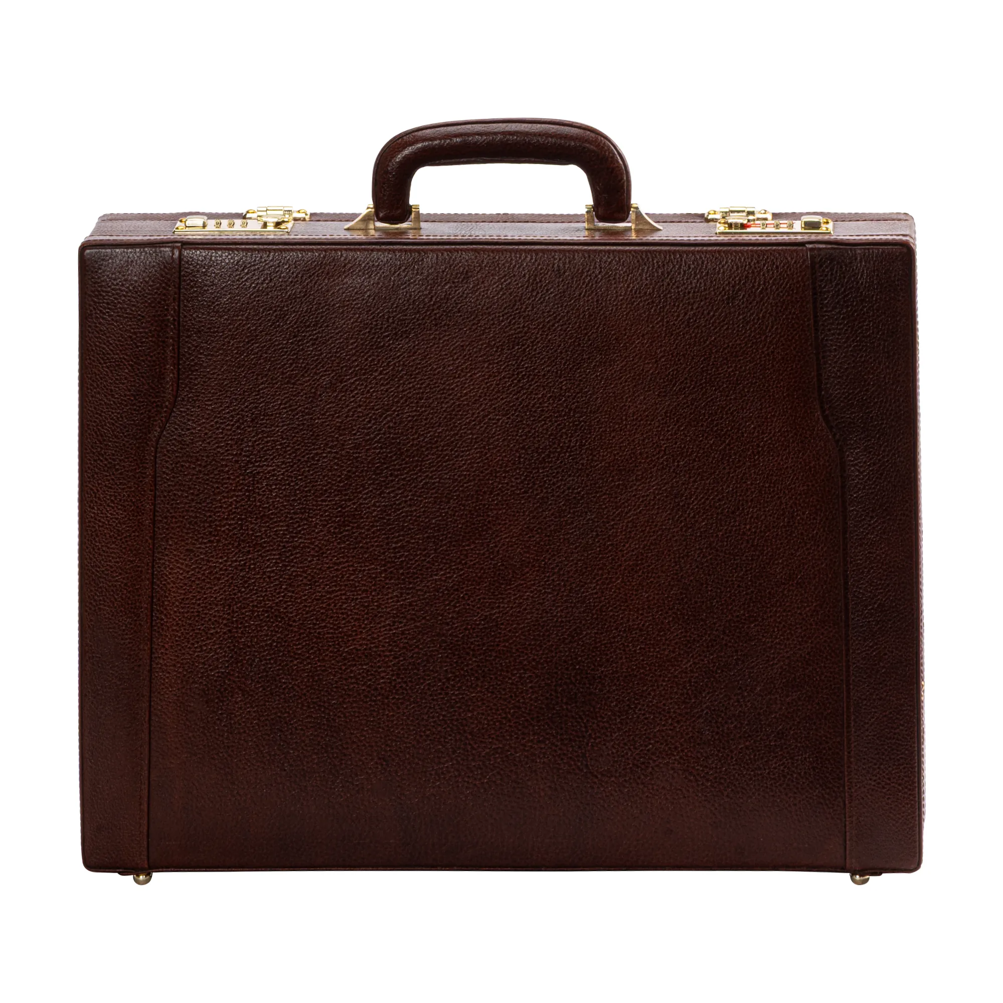 Brown genuine leather expandable briefcase with combination locks, structured design, and top handle, suitable for laptops, files, and travel essentials.