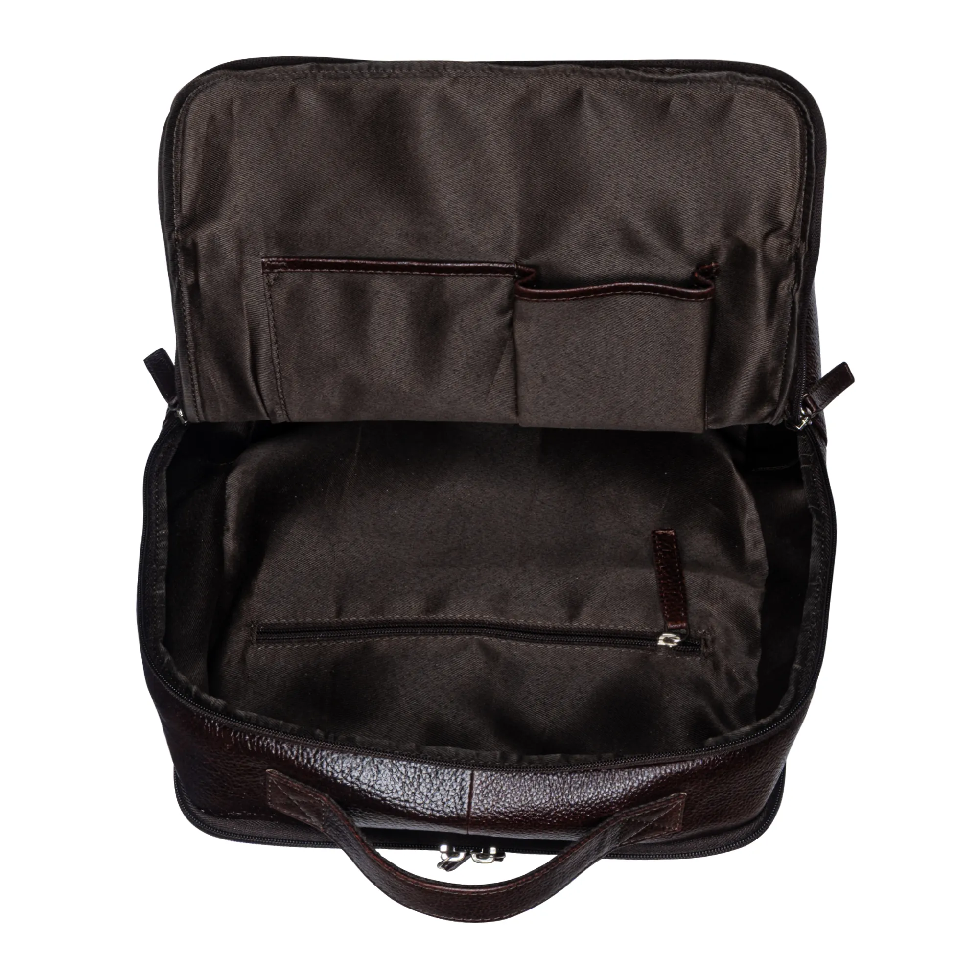 Dark brown genuine leather rucksack with padded laptop compartment, front zip pocket, breathable air mesh back panel, and adjustable shoulder straps.