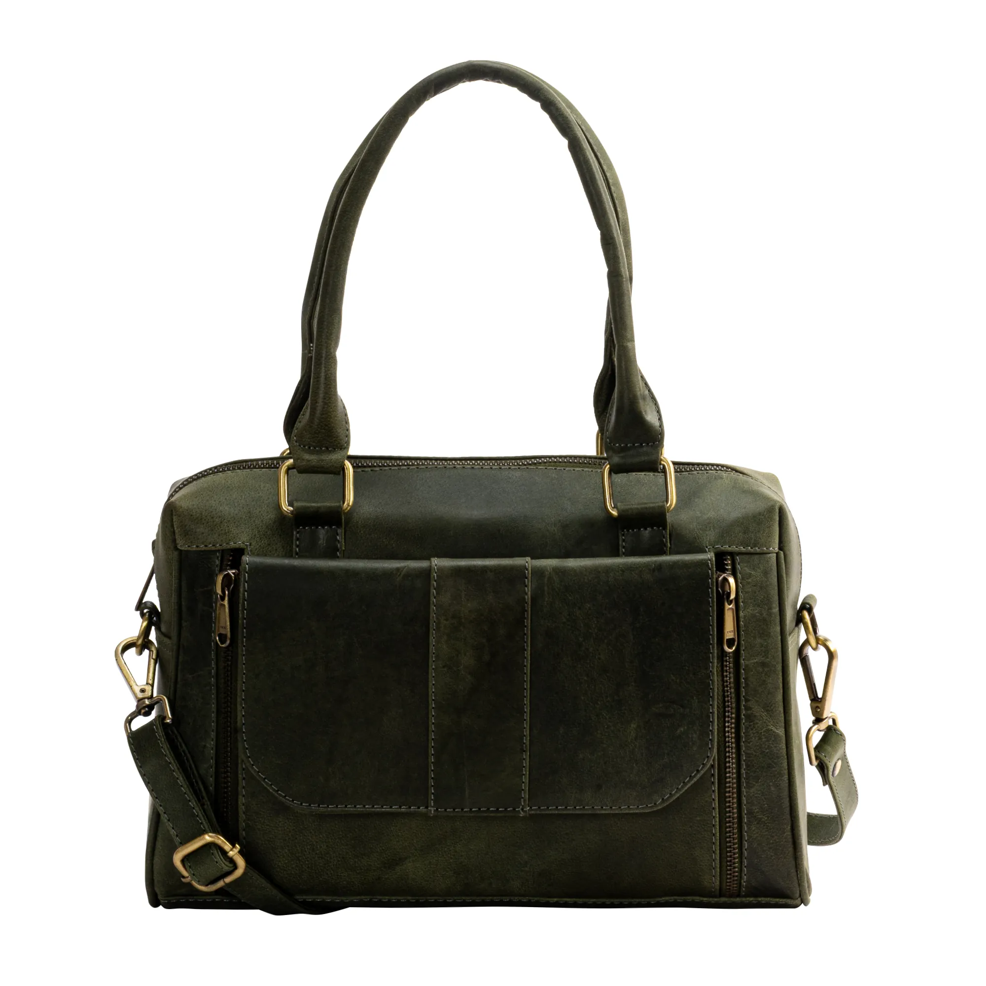 Green genuine hunter leather ladies handbag with flap front pocket, magnetic closure, multiple zip compartments, dual handles, and adjustable shoulder strap.