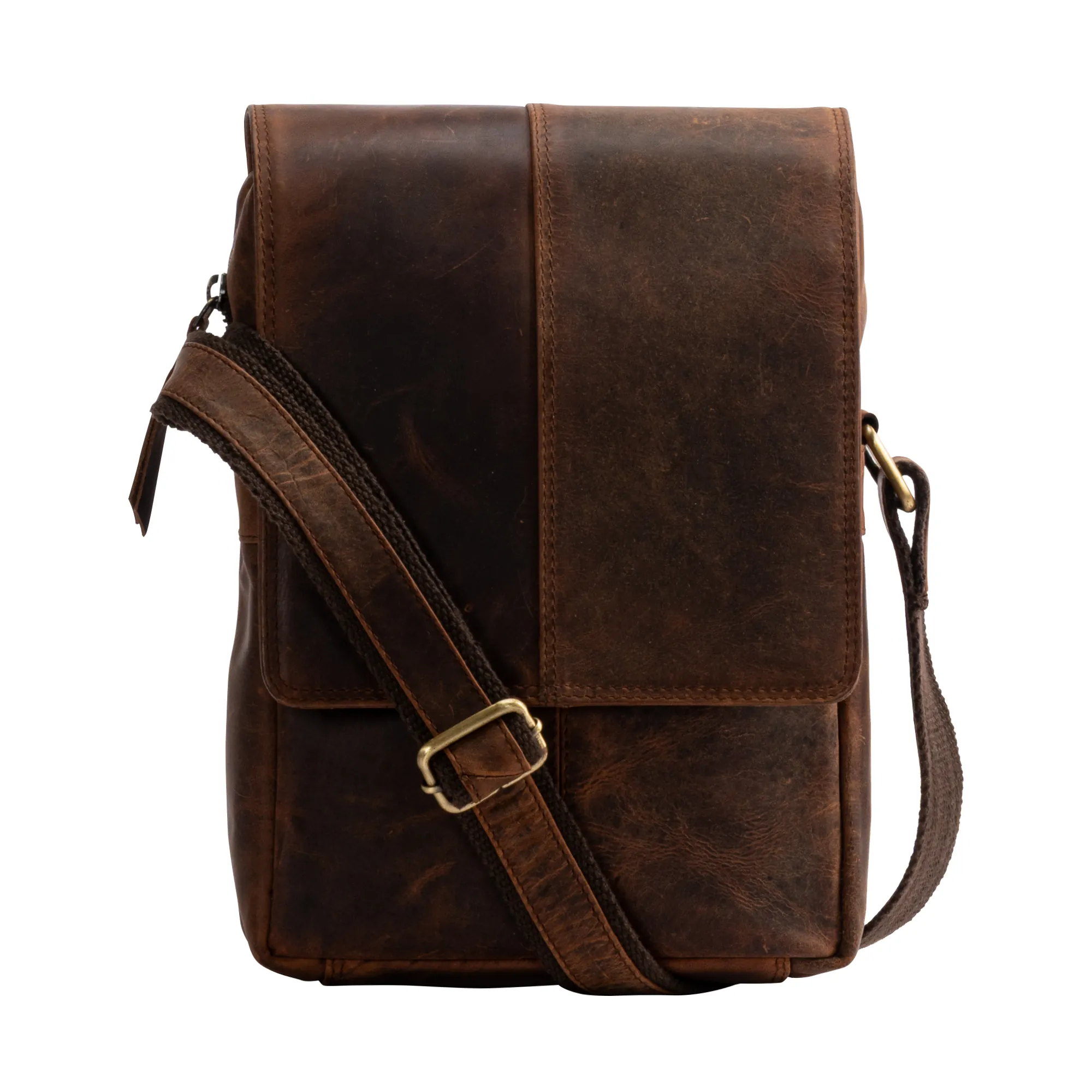 Brown genuine hunter leather crossbody messenger bag with front flap, adjustable shoulder strap, and multiple compartments for everyday essentials.