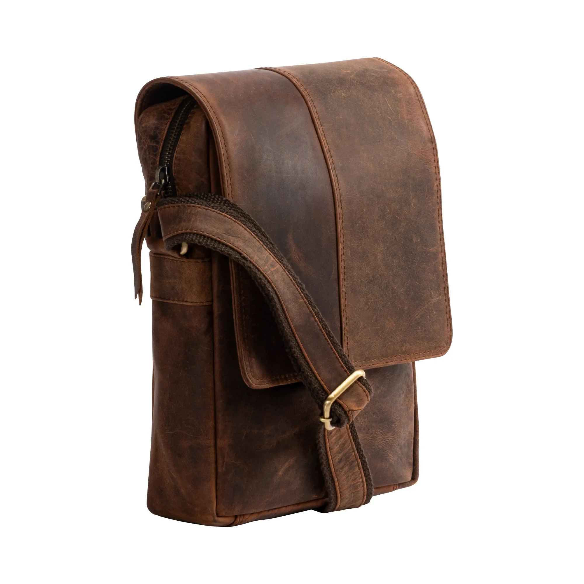 Brown genuine hunter leather crossbody messenger bag with front flap, adjustable shoulder strap, and multiple compartments for everyday essentials.