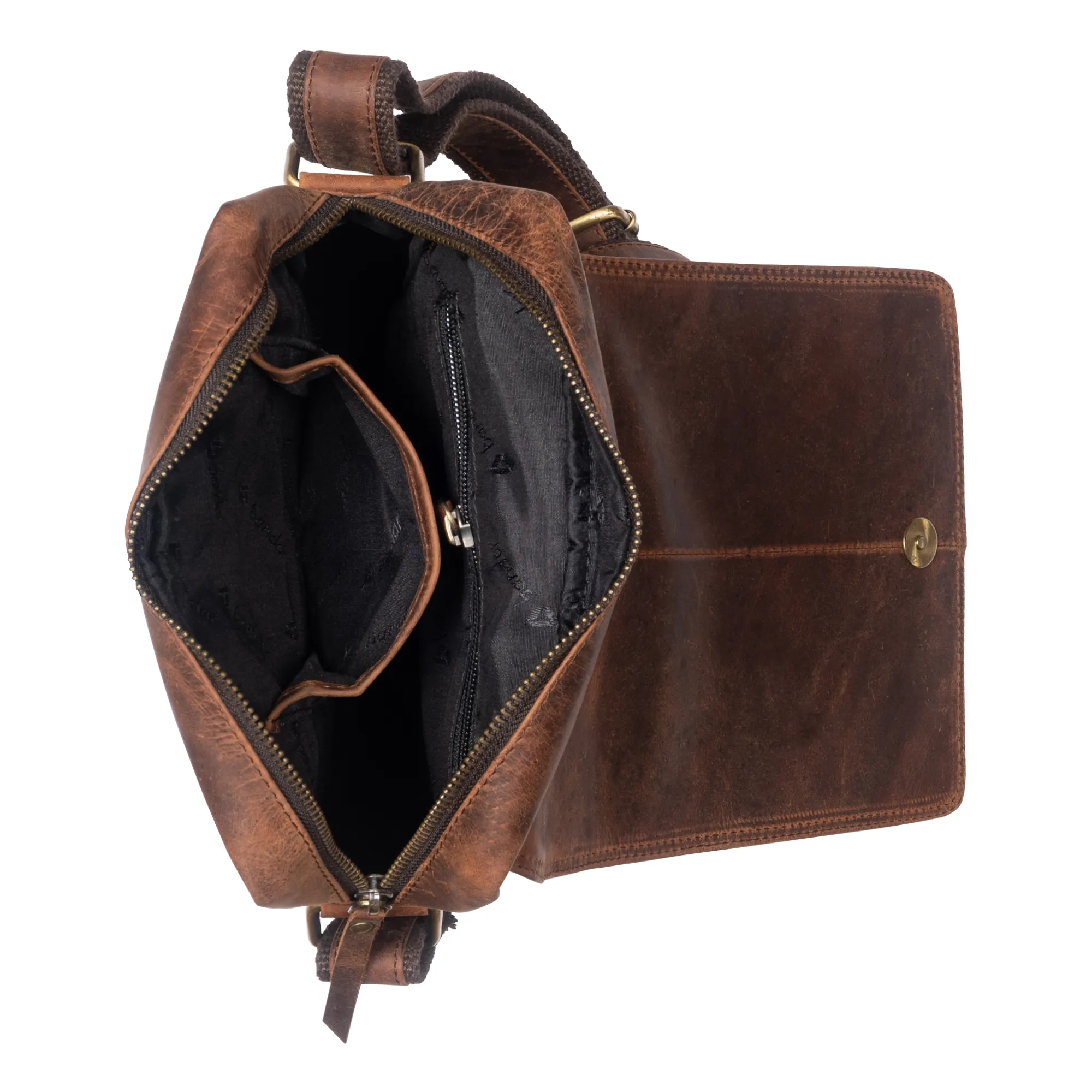 Brown genuine hunter leather crossbody messenger bag with front flap, adjustable shoulder strap, and multiple compartments for everyday essentials.