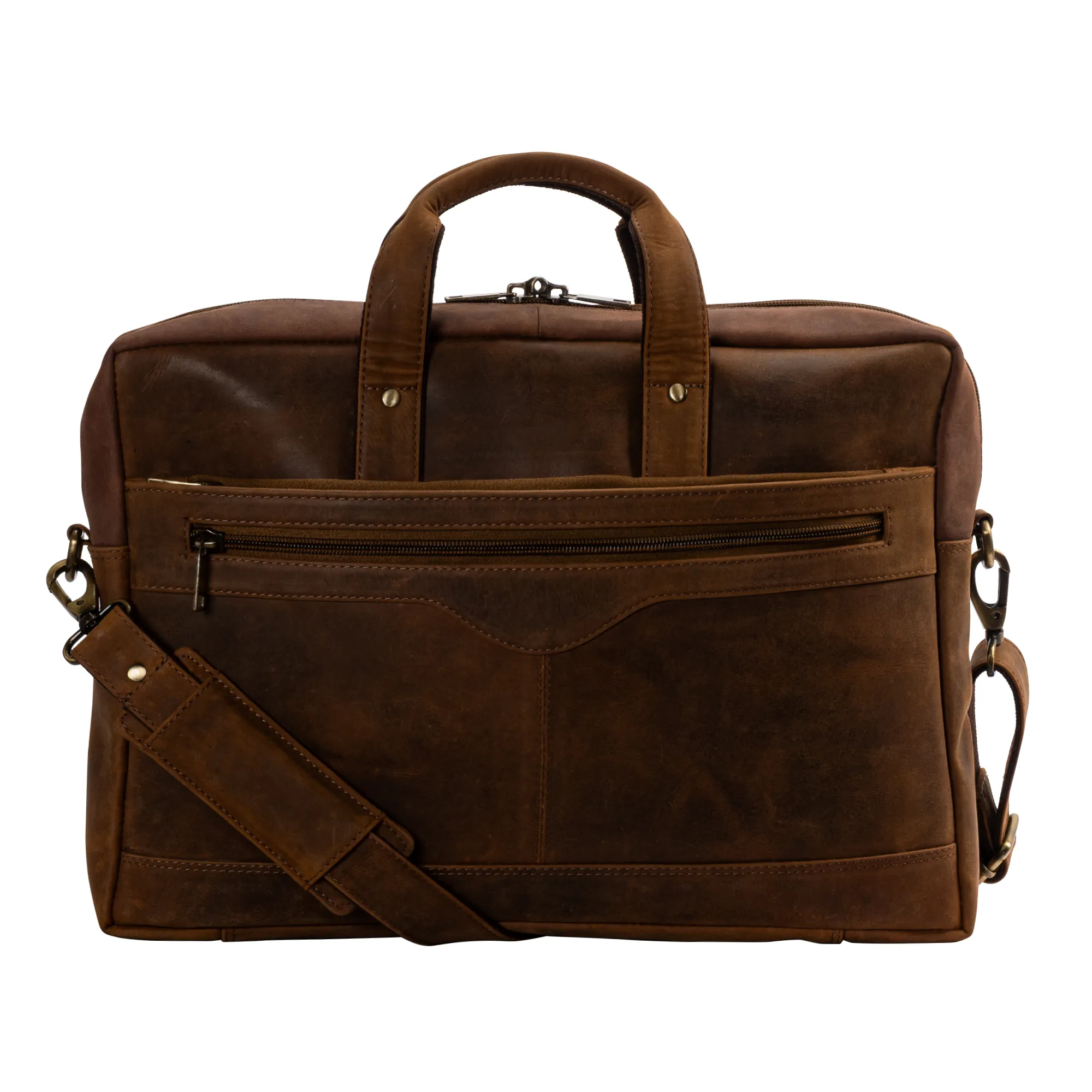 Brown genuine hunter leather laptop bag with padded compartment, dual front zip pockets, top handles, and adjustable shoulder strap, suitable for 15.6-inch laptops.