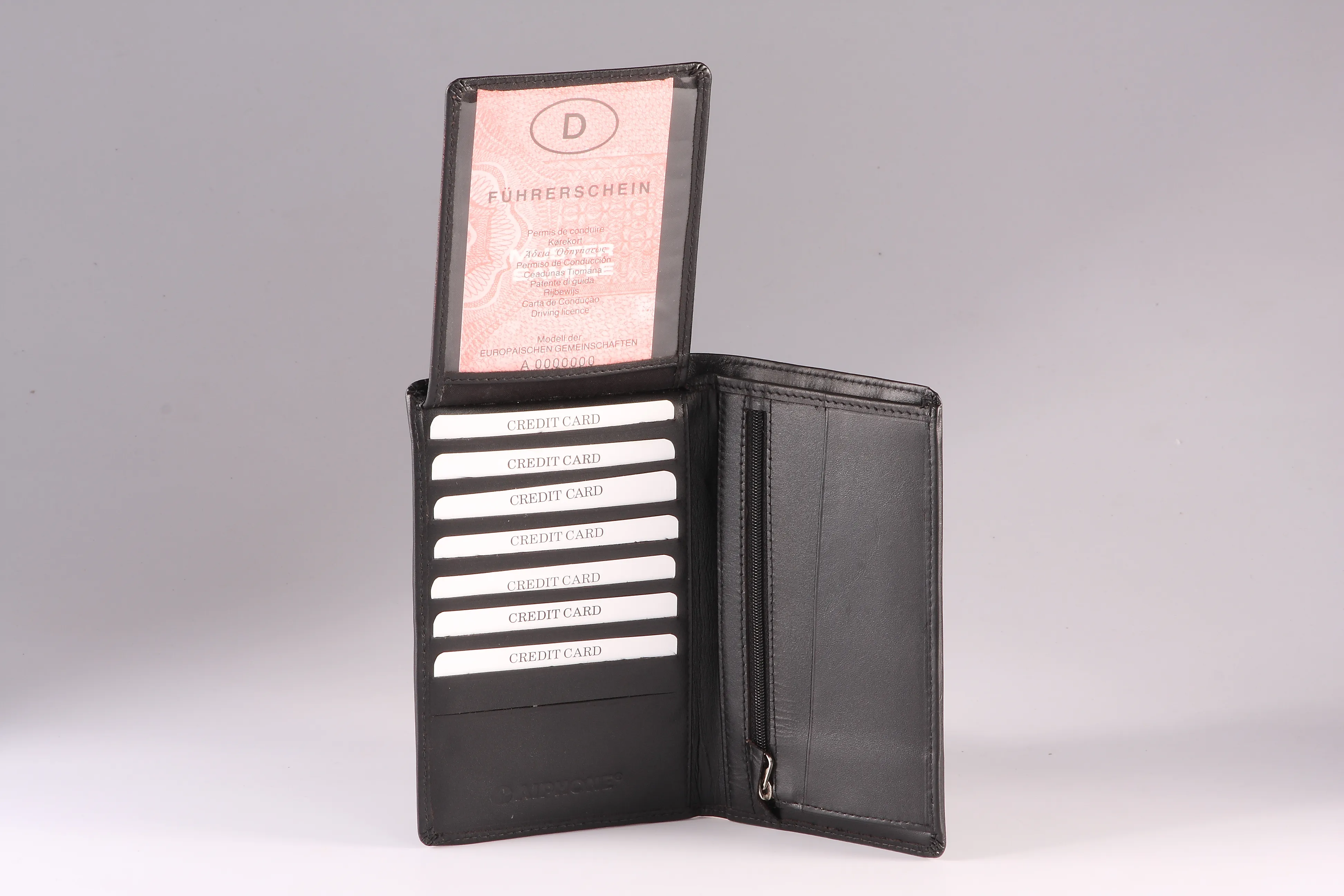 Black Nappa bi-fold purse with multiple compartments, credit card slots, ID/photo windows, a coin purse, and optional RFID protection.