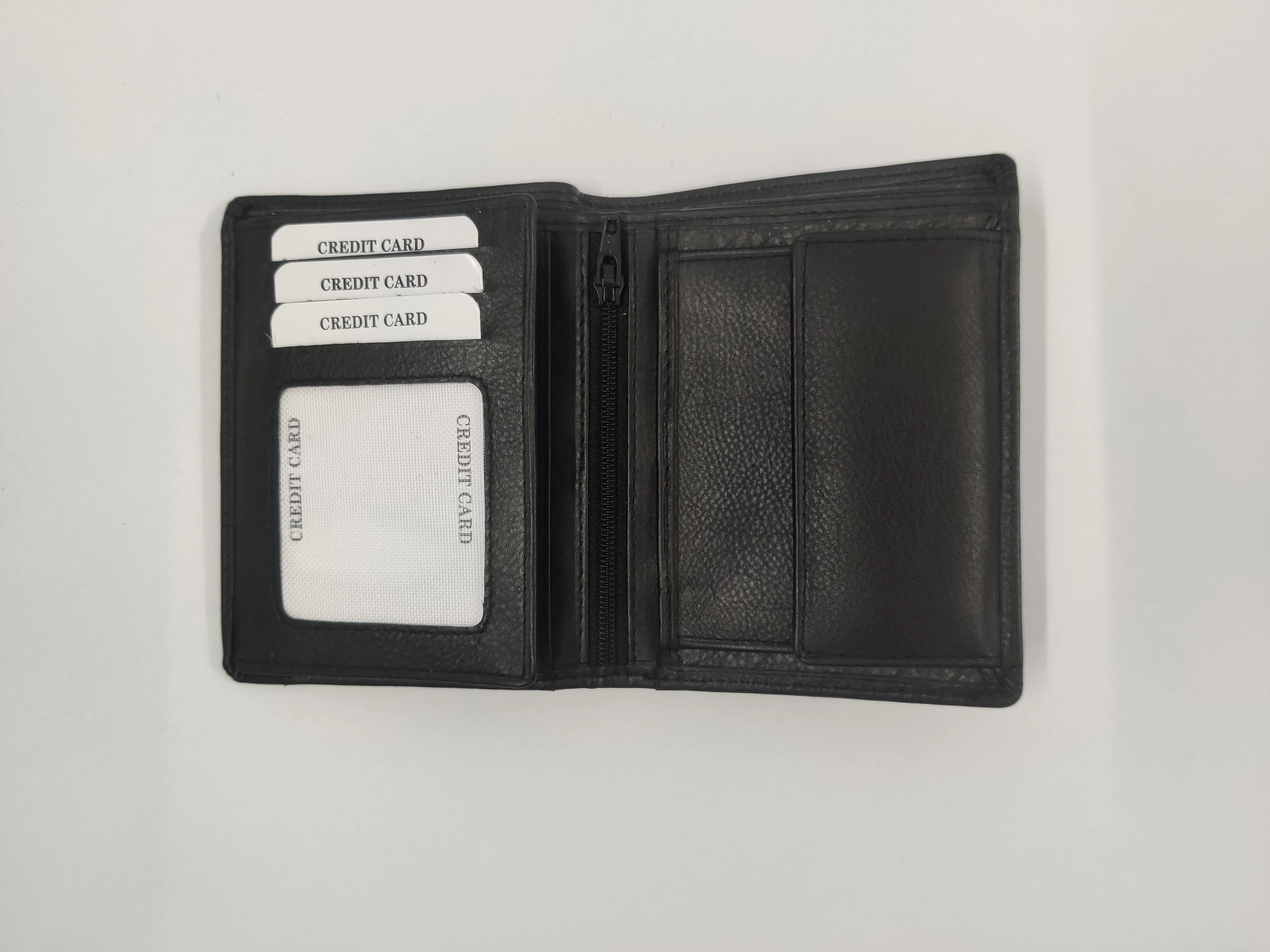 Unisex Black Leather Note-Case Wallet with Card Slots, ID Windows, Currency Compartments, and Coin Pocket with Key Case.