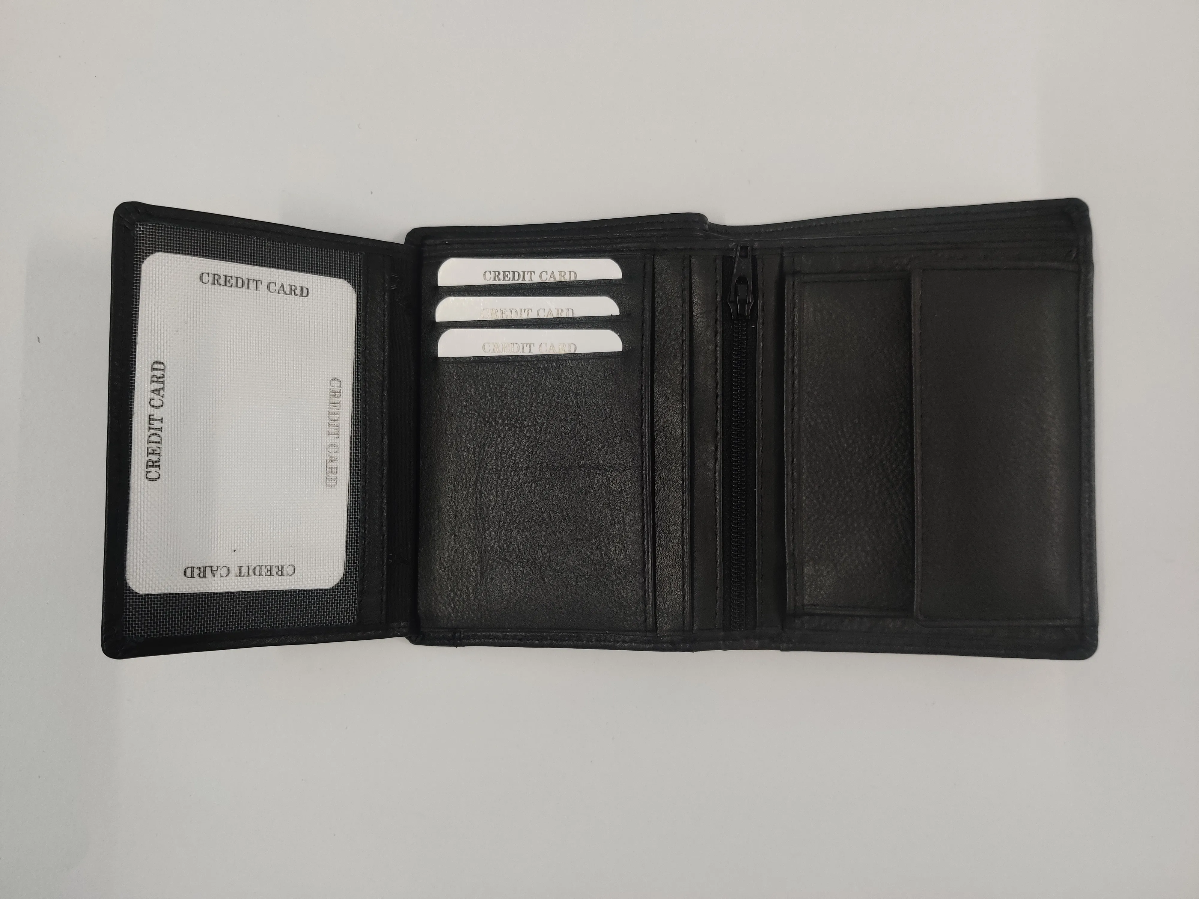 Unisex Black Leather Note-Case Wallet with Card Slots, ID Windows, Currency Compartments, and Coin Pocket with Key Case.