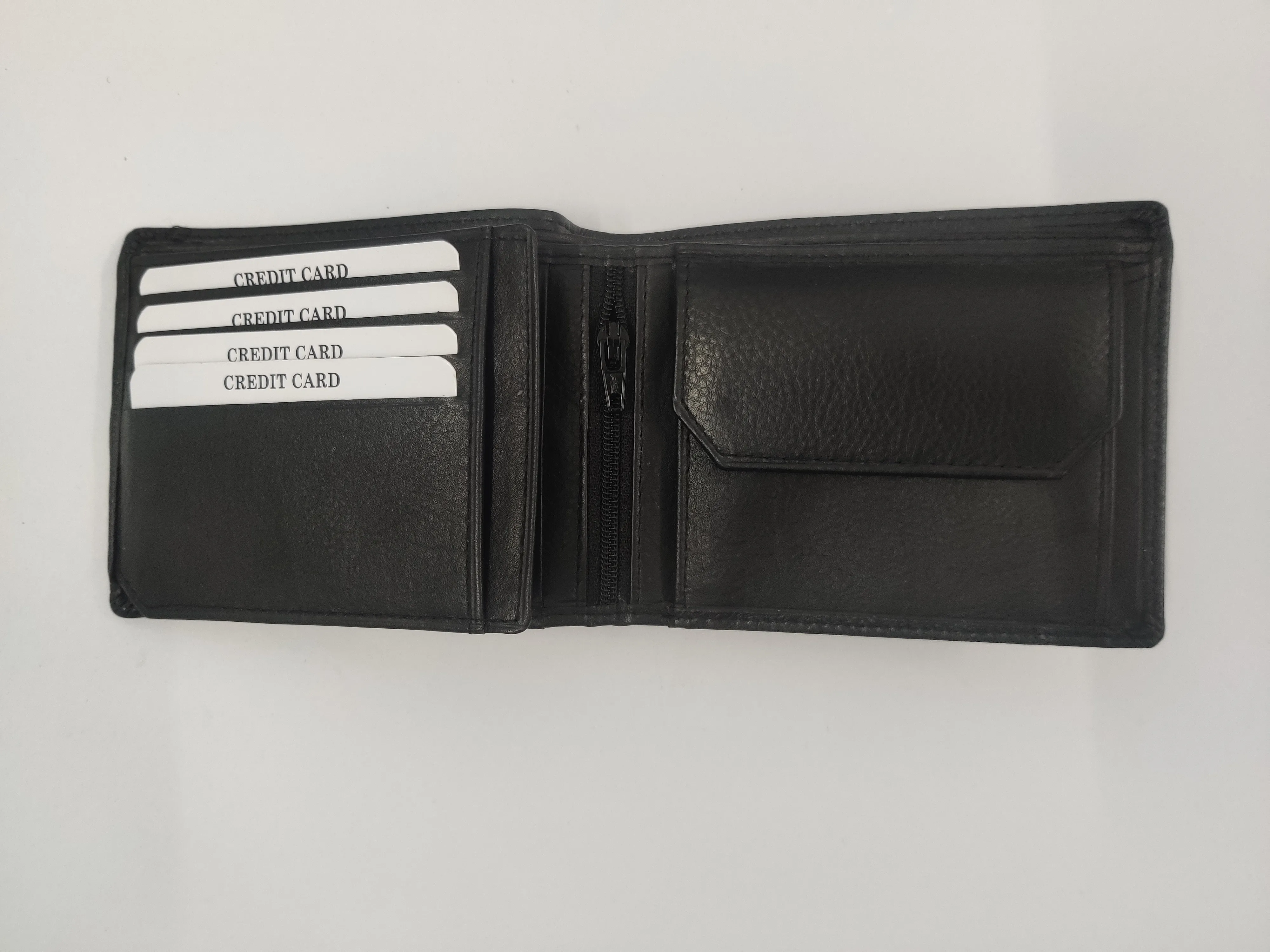 Black Genuine Leather Bi-Fold Wallet with RFID Protection, Card Slots and Cases, Coin Pocket, and ID Window.