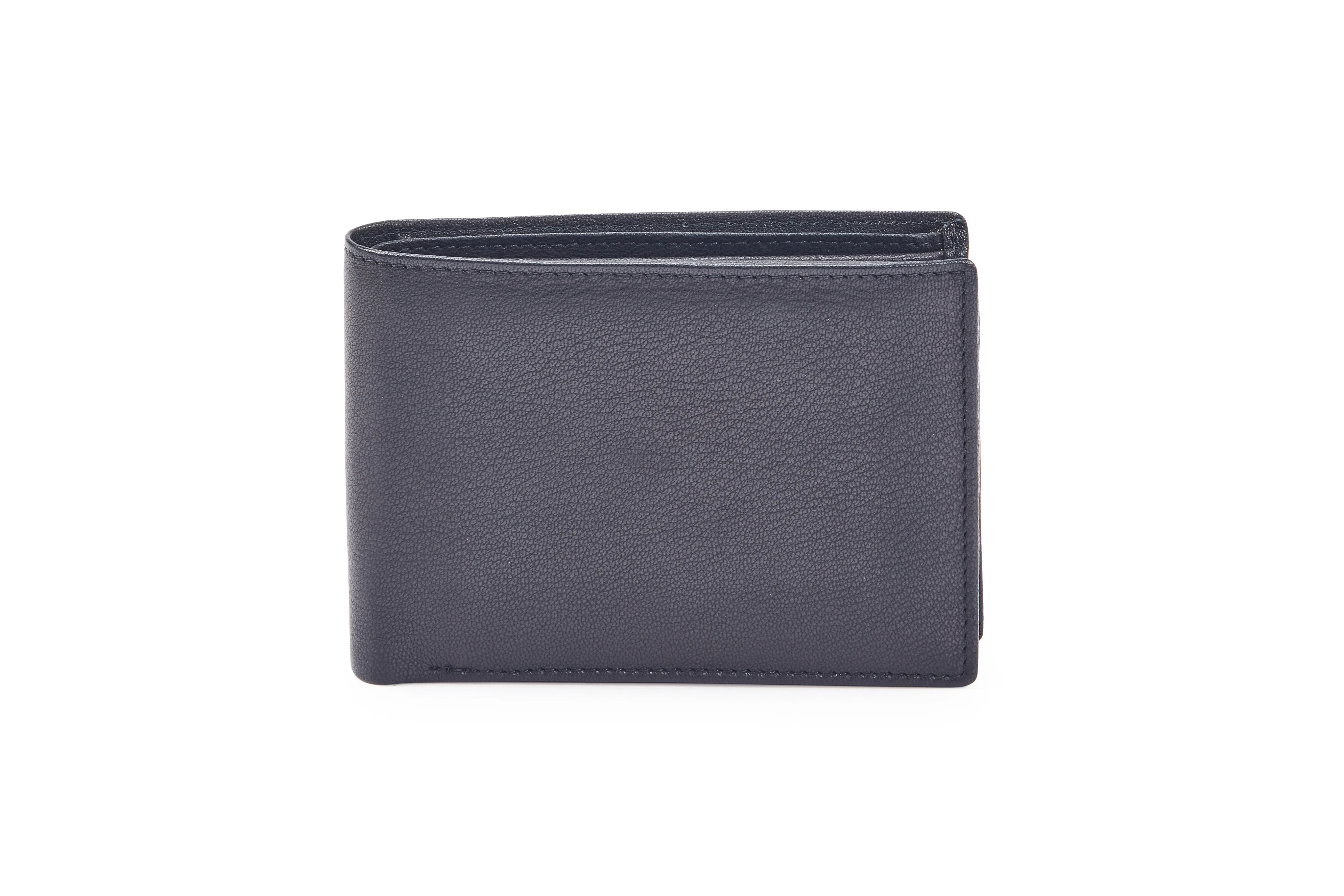 Genuine black goat Nappa leather bifold wallet with vertical flap, 8 credit card slots, centre zip, coin pocket, and multiple compartments.