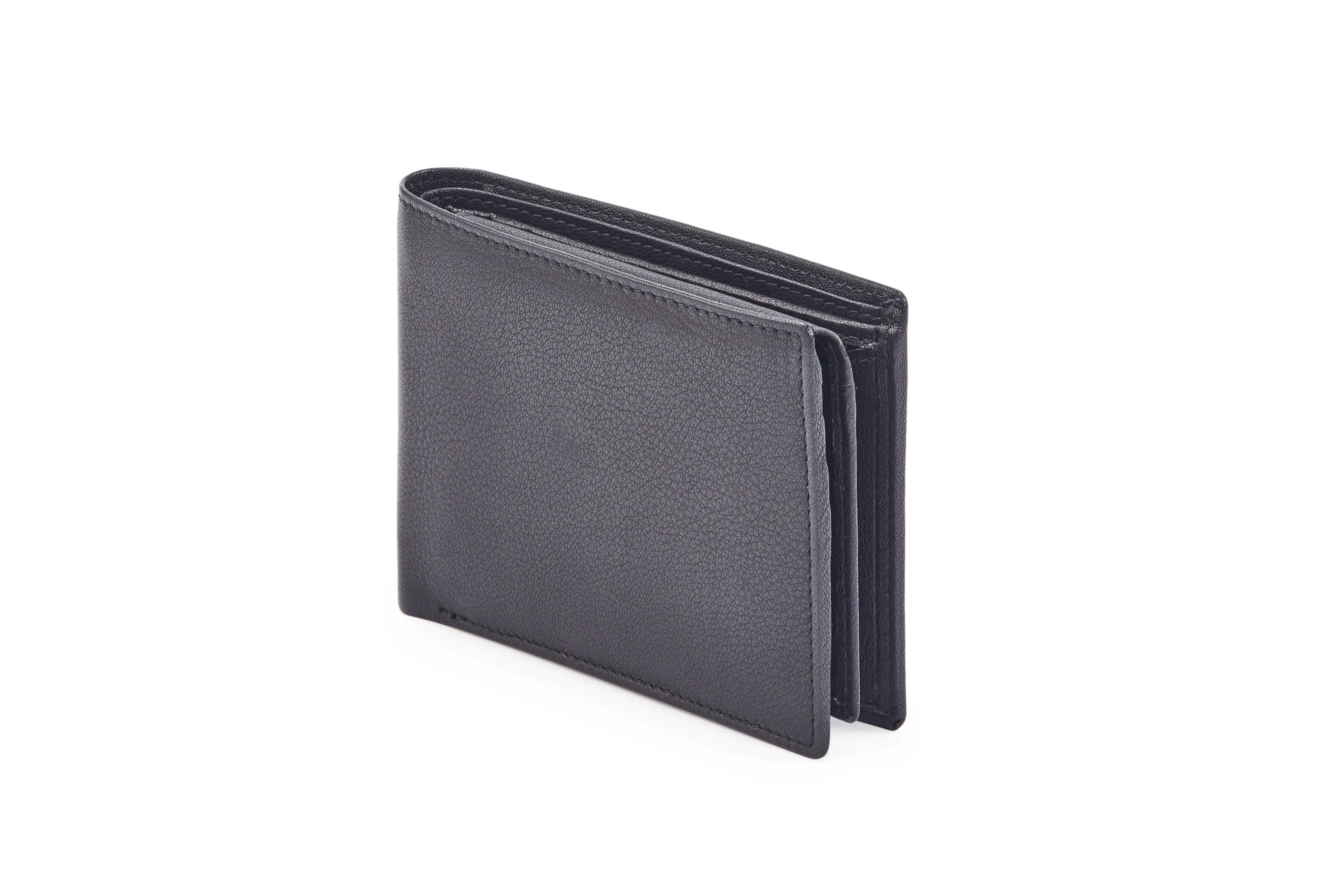 Genuine black goat Nappa leather bifold wallet with vertical flap, 8 credit card slots, centre zip, coin pocket, and multiple compartments.