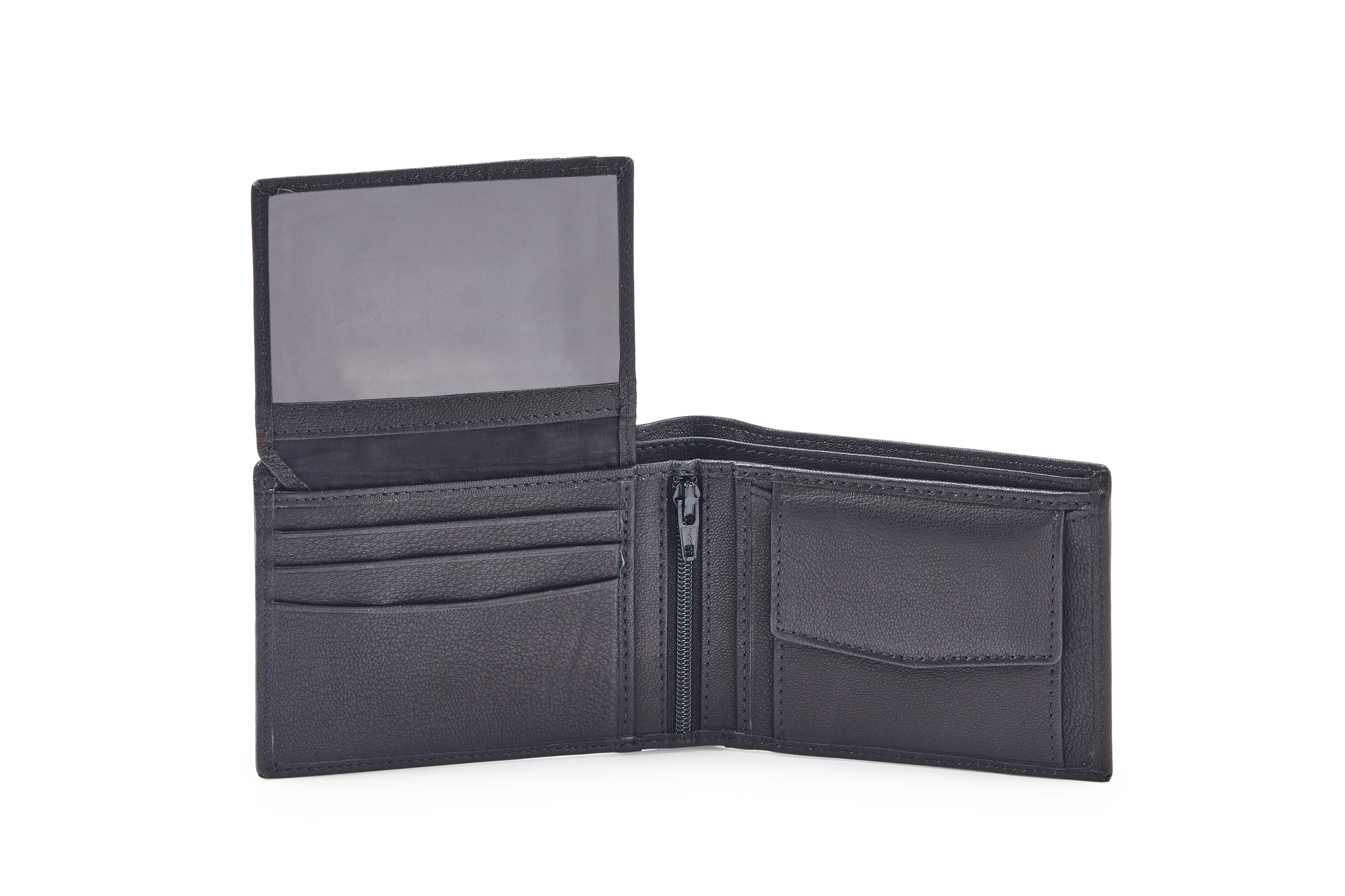 Genuine black goat Nappa leather bifold wallet with vertical flap, 8 credit card slots, centre zip, coin pocket, and multiple compartments.