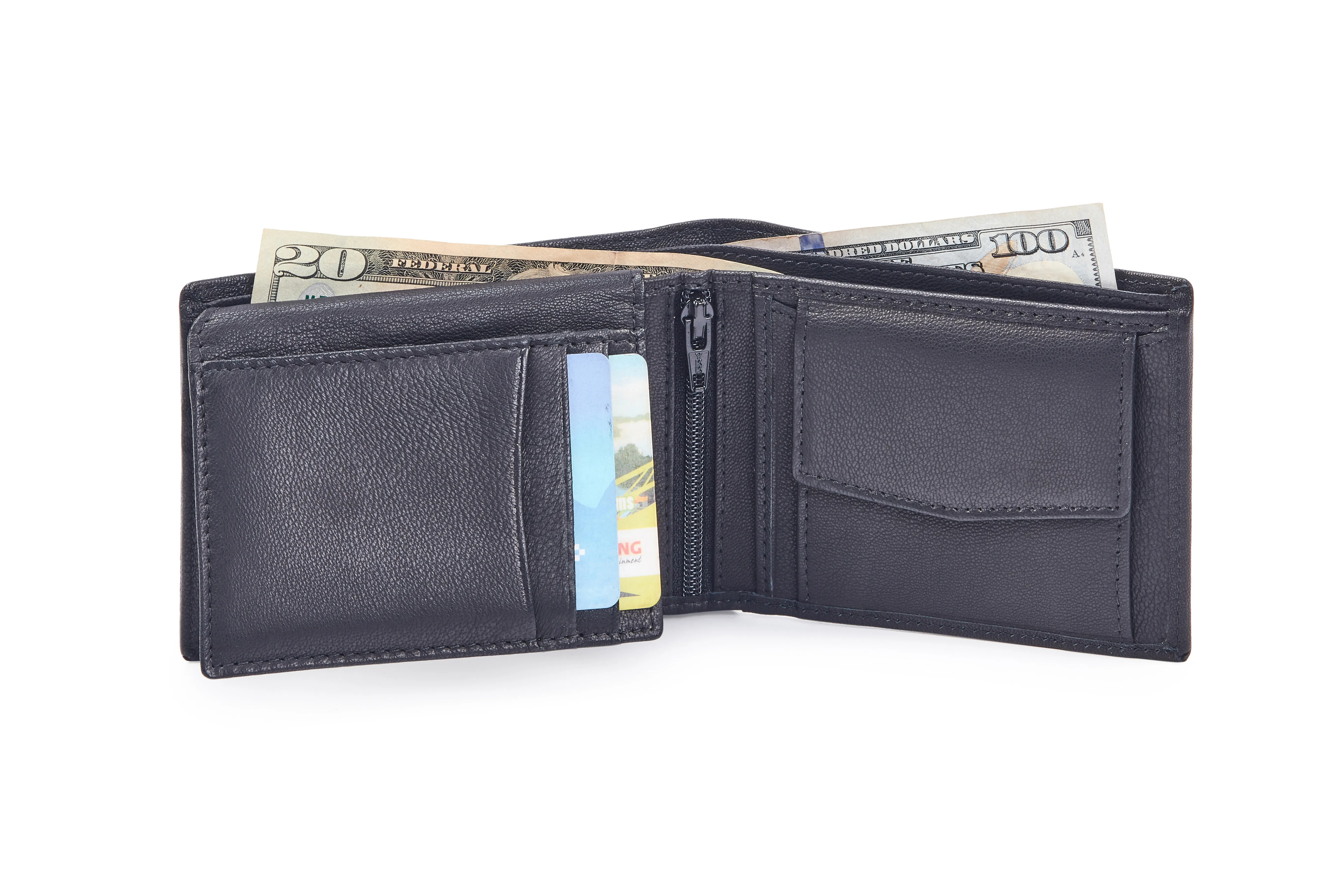 Genuine black goat Nappa leather bifold wallet with vertical flap, 8 credit card slots, centre zip, coin pocket, and multiple compartments.