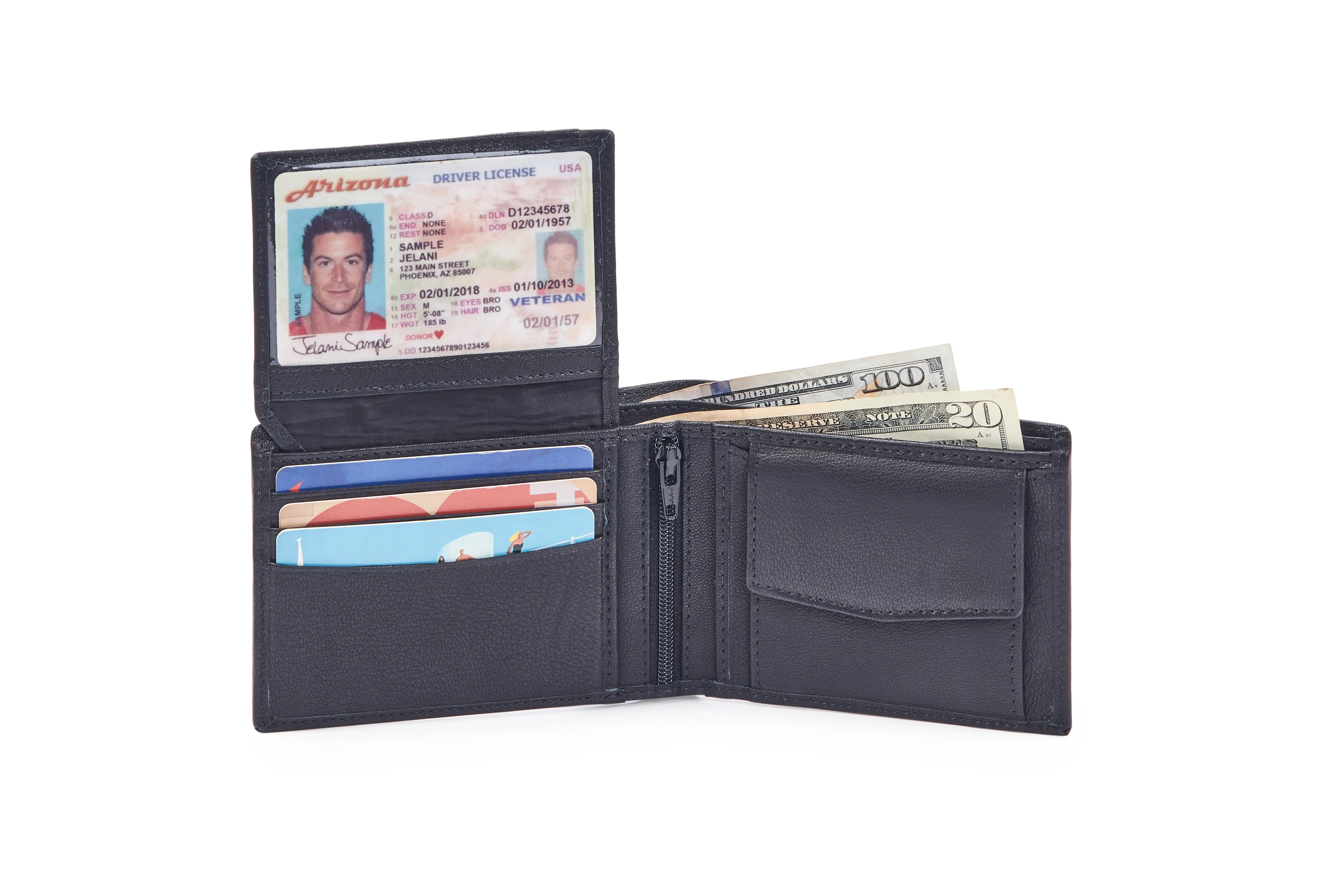 Genuine black goat Nappa leather bifold wallet with vertical flap, 8 credit card slots, centre zip, coin pocket, and multiple compartments.