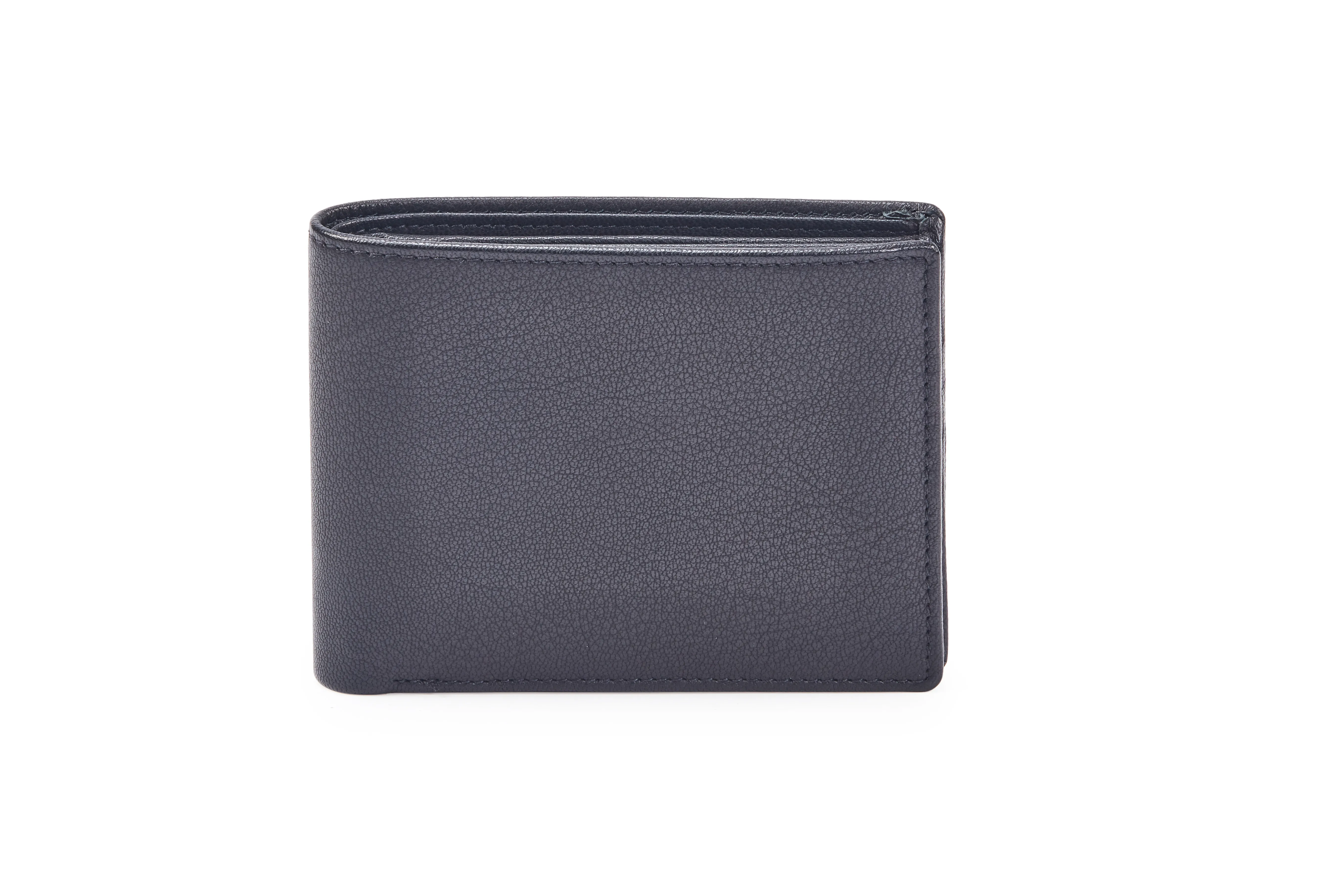 Genuine black goat Nappa leather bifold wallet with horizontal flap, 12 credit card slots, ID window, zippered note compartment, and multiple compartments.