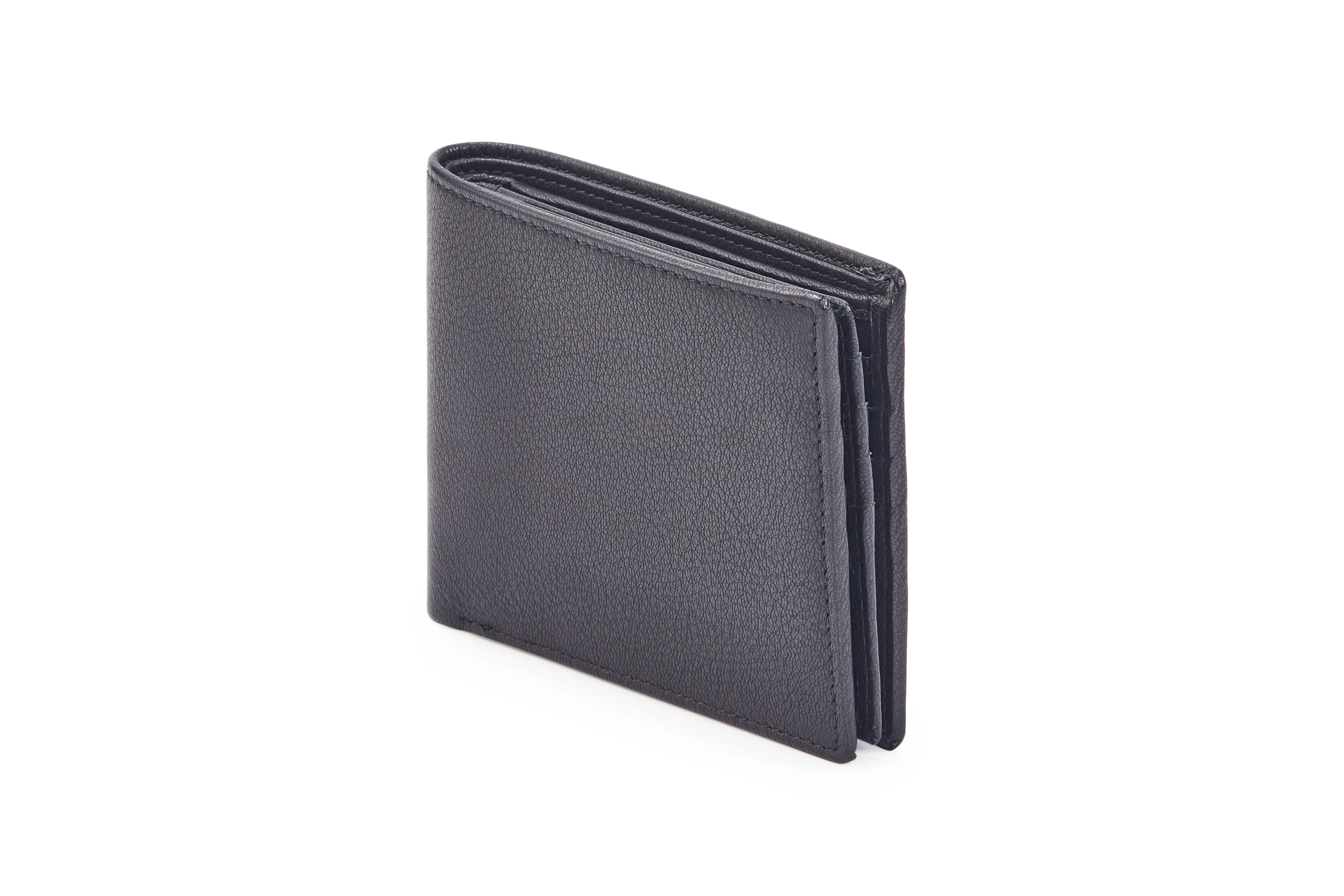 Genuine black goat Nappa leather bifold wallet with horizontal flap, 12 credit card slots, ID window, zippered note compartment, and multiple compartments.