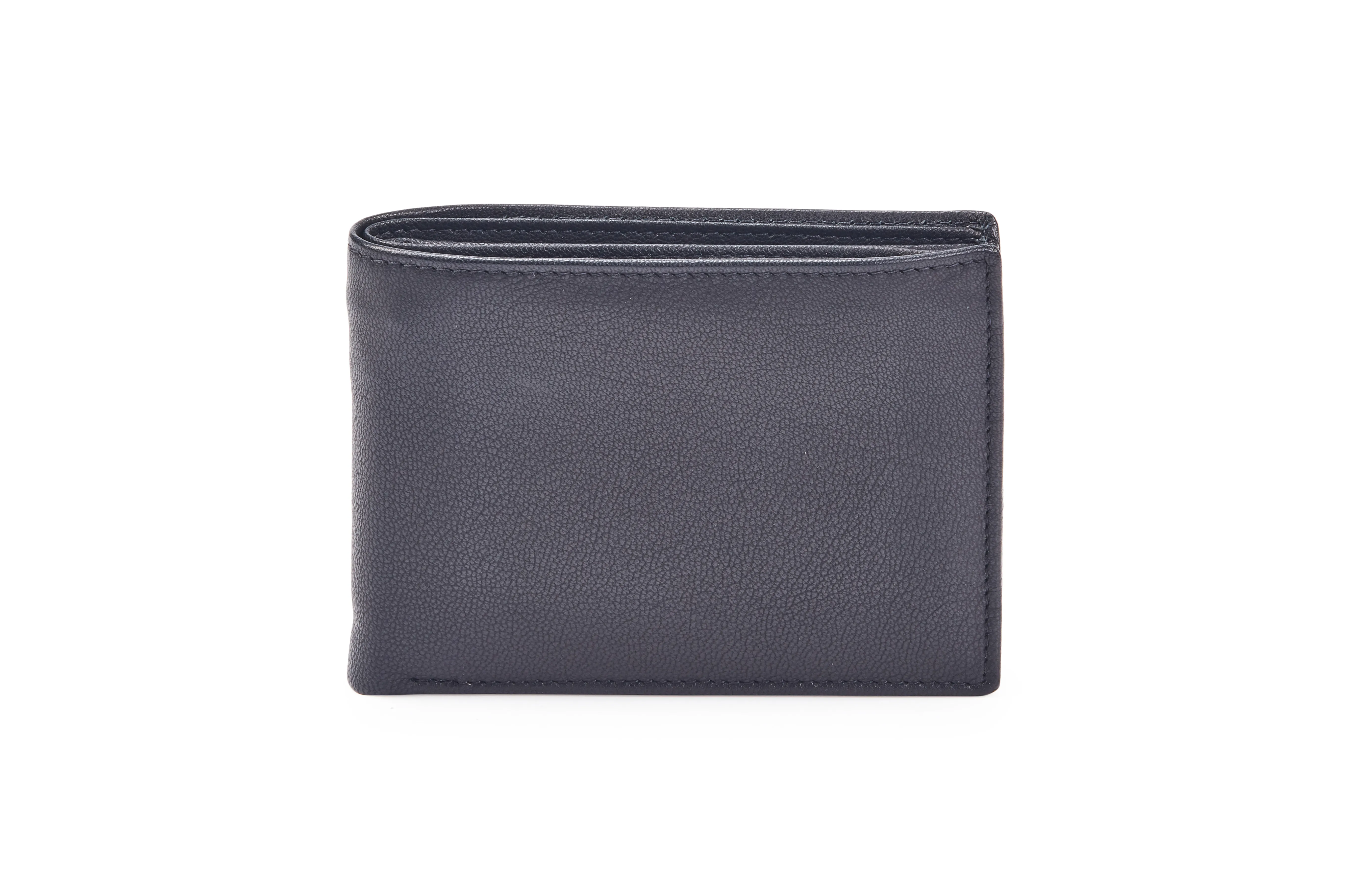 Black Goat Nappa Leather Bi-Fold Wallet with Card Slots, ID Window, and Currency Compartments.