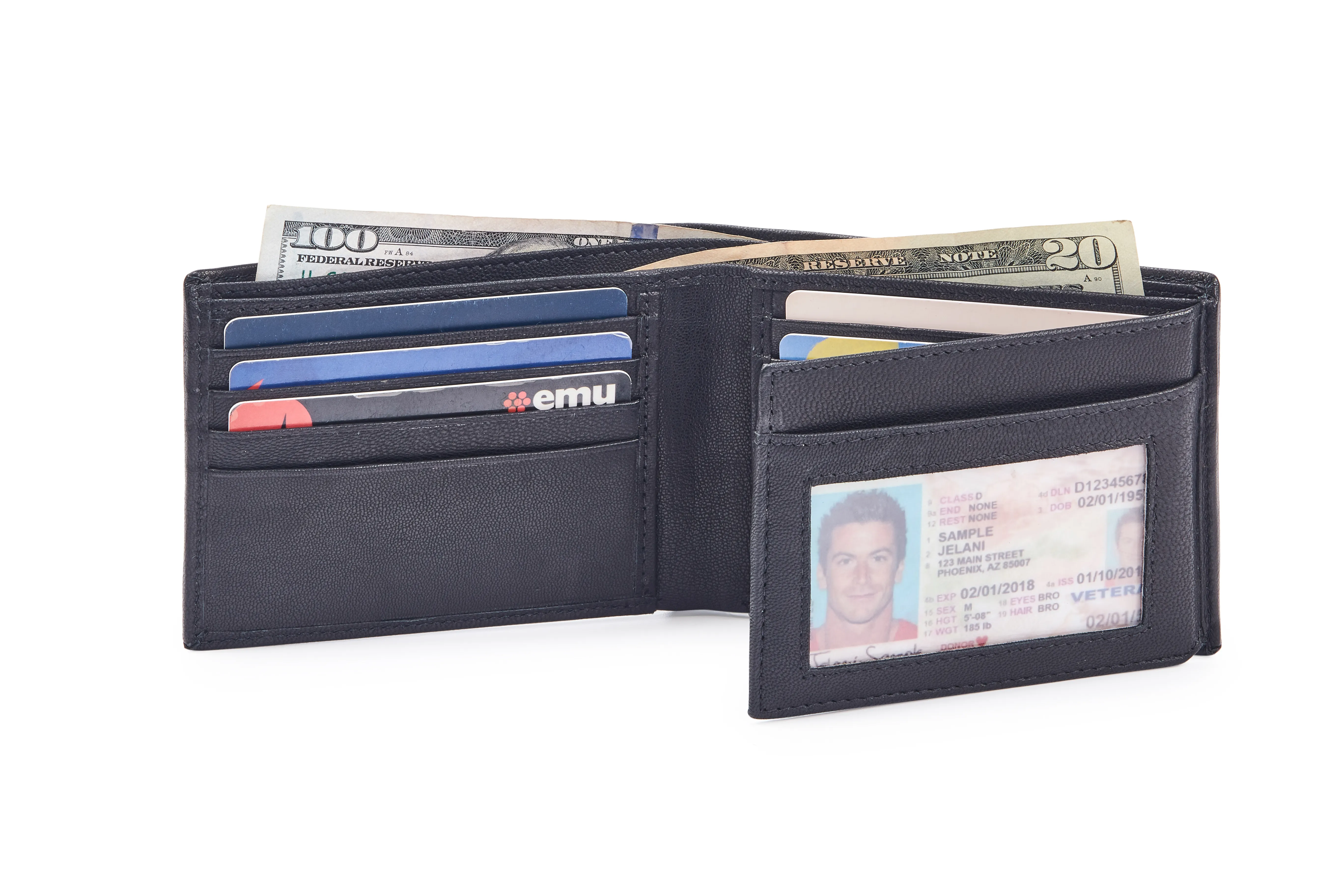 Black Goat Nappa Leather Bi-Fold Wallet with Card Slots, ID Window, and Currency Compartments.