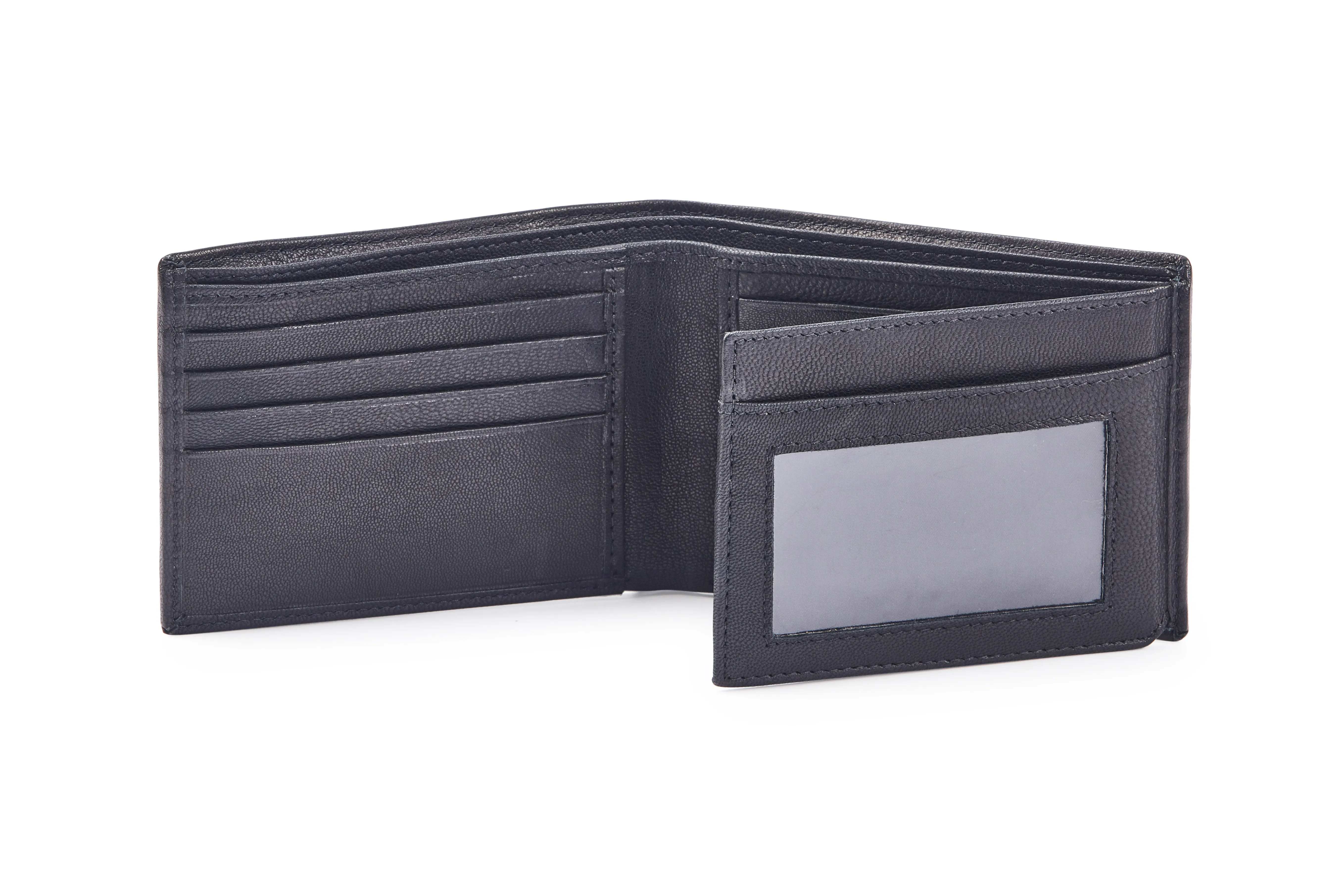 Black Goat Nappa Leather Bi-Fold Wallet with Card Slots, ID Window, and Currency Compartments.