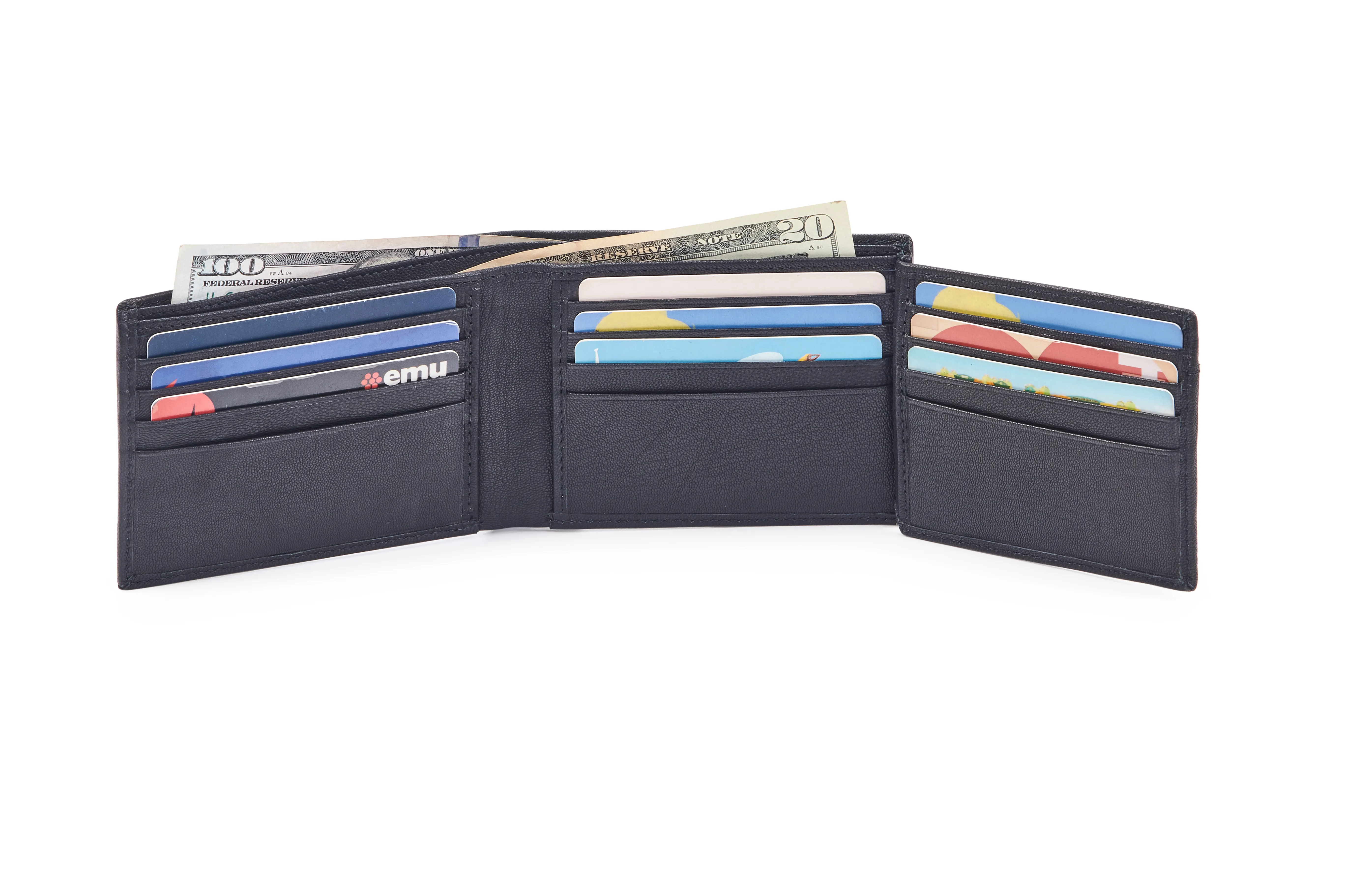 Black Goat Nappa Leather Bi-Fold Wallet with Card Slots, ID Window, and Currency Compartments.