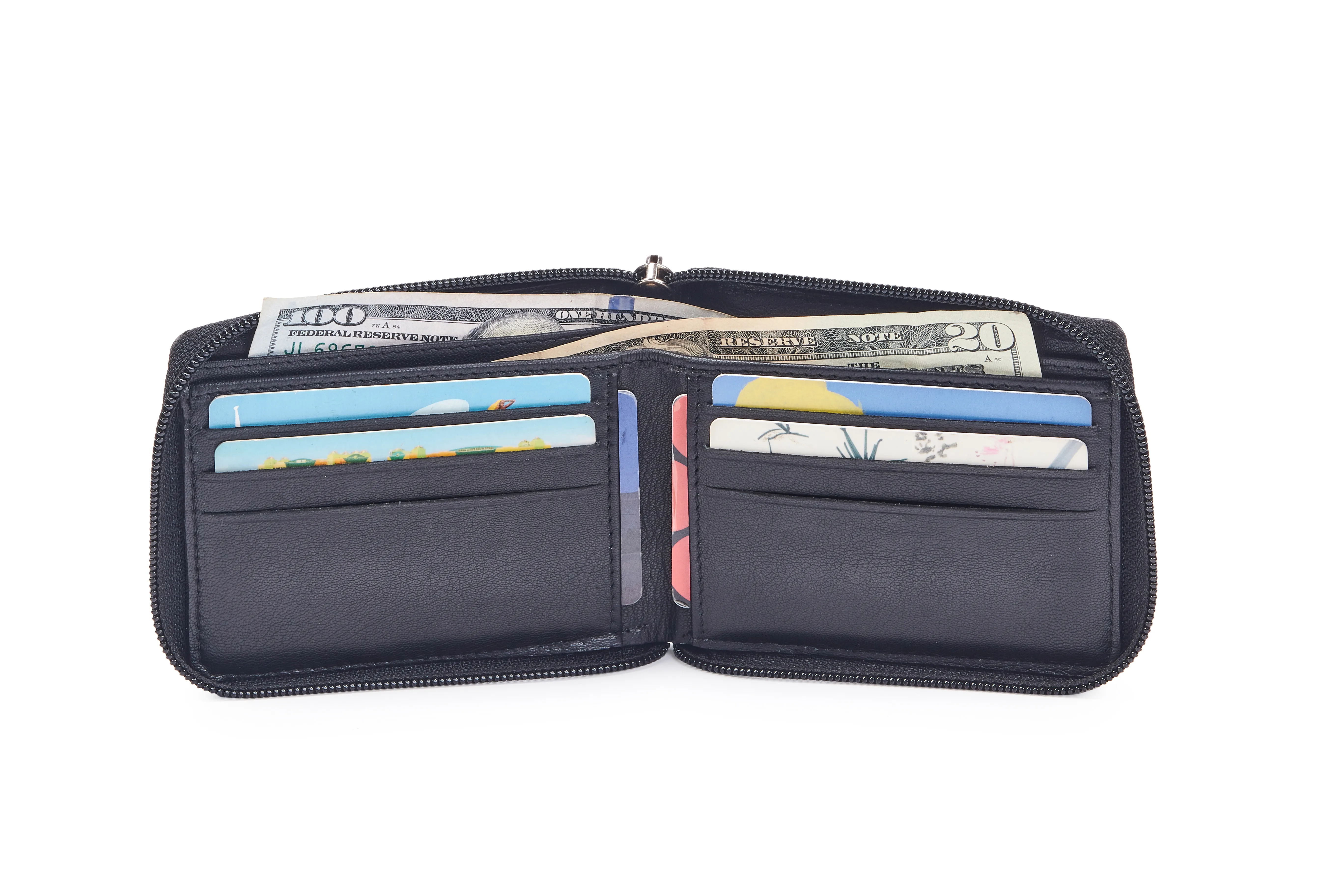Unisex Goat Nappa Leather Zipped Wallet/Purse in Black with Card Slots, Coin Pocket, and Currency Compartments