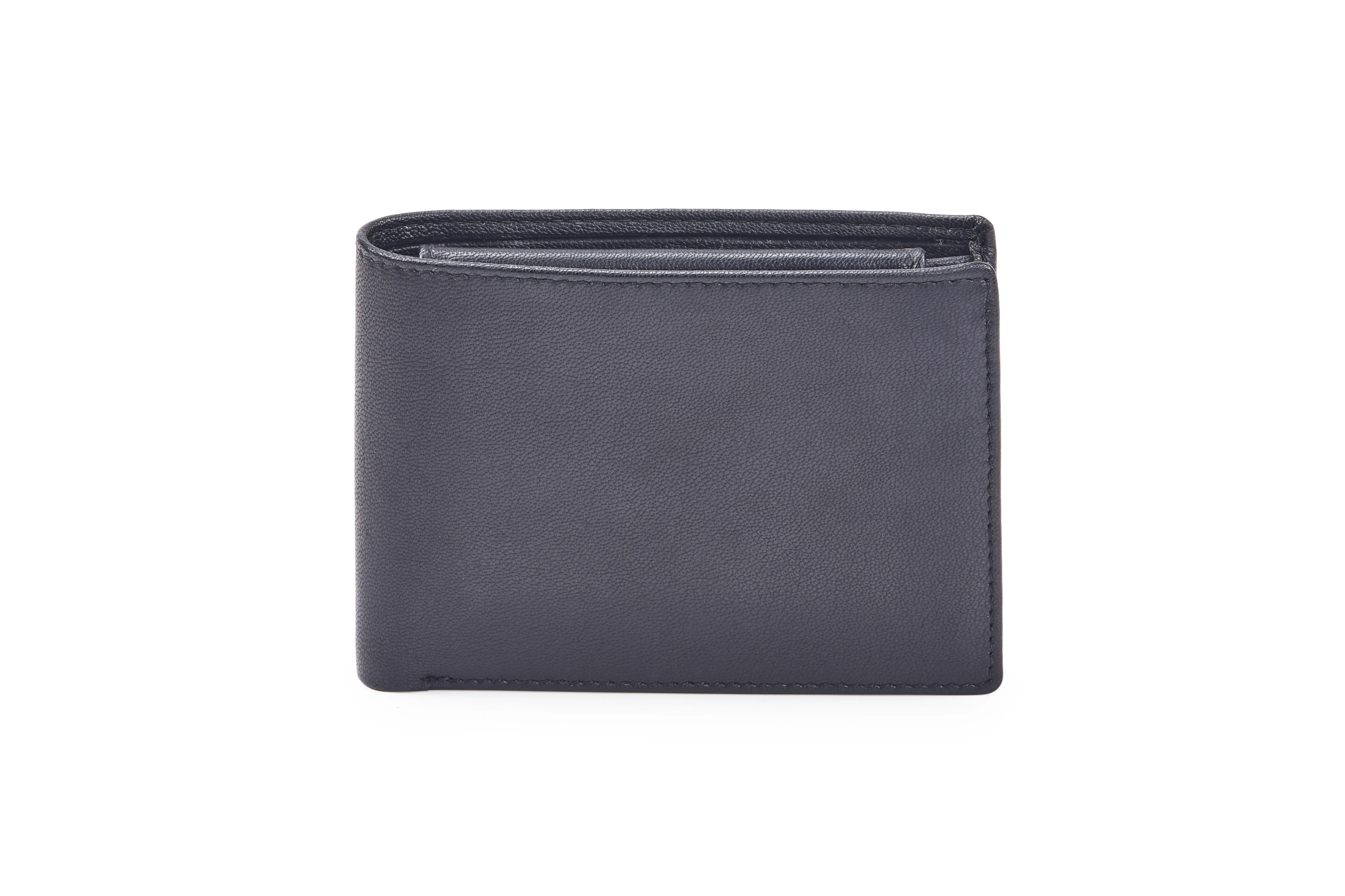 Black Goat Nappa Leather Bi-Fold Wallet with RFID, 6 Card Slots, Coin Pocket with Key Holder, ID Window, Secret Compartments, and Top Over-flap.