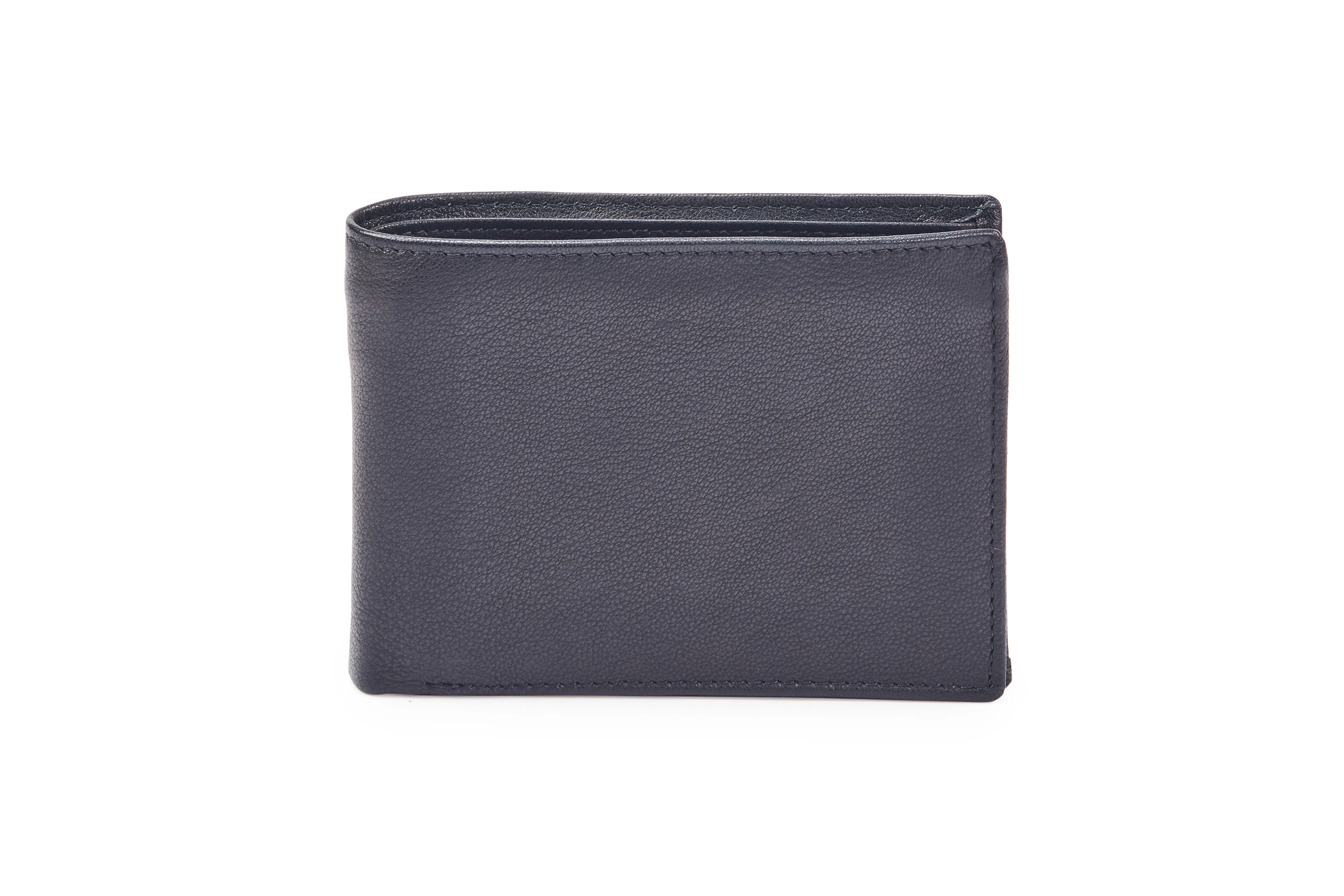 Black Goat Nappa Leather Bi-Fold Wallet with RFID Protection, 10 Card Cases, 2 ID Windows, Center Zip, and Securing Loop Button