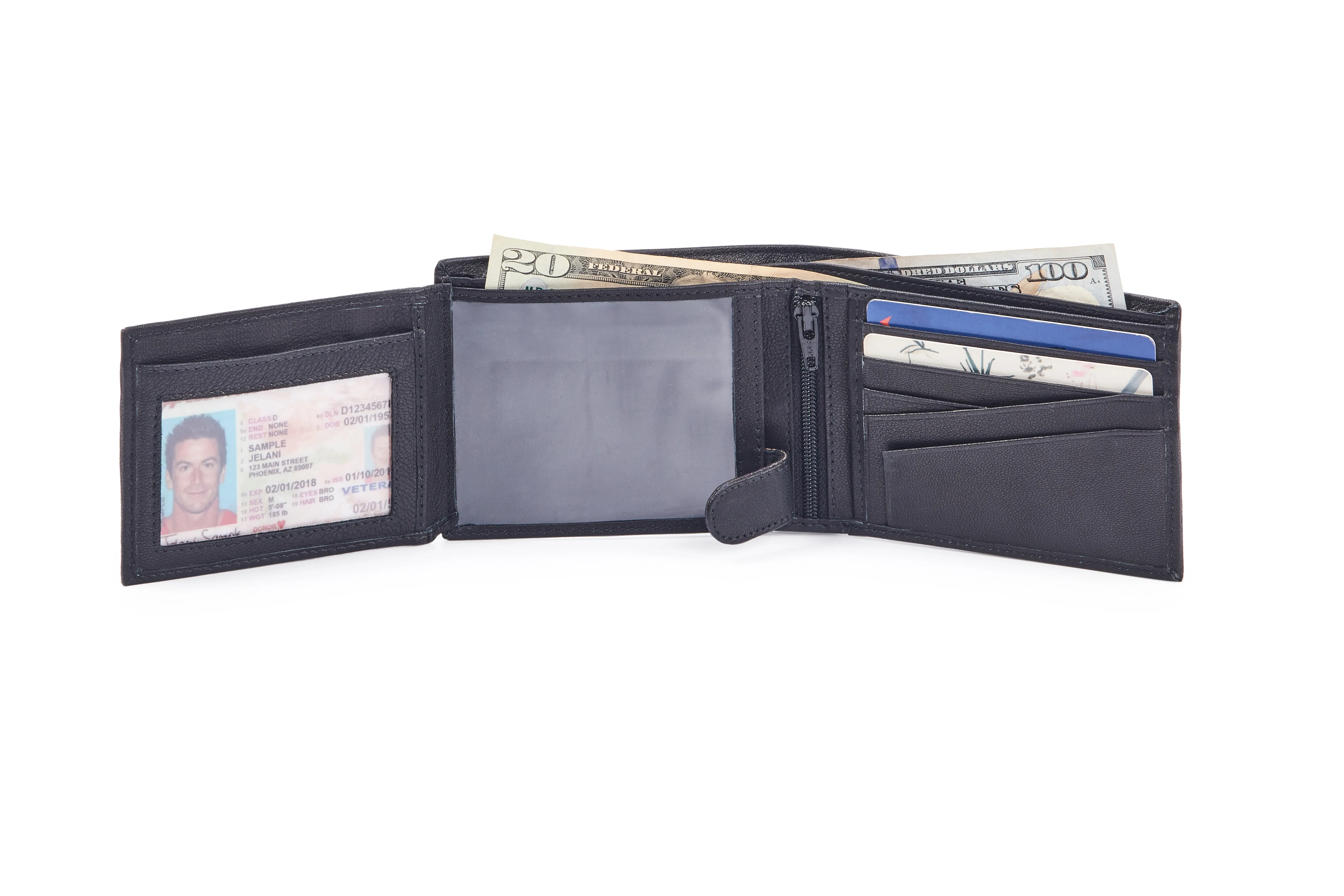 Black Goat Nappa Leather Bi-Fold Wallet with RFID Protection, 10 Card Cases, 2 ID Windows, Center Zip, and Securing Loop Button