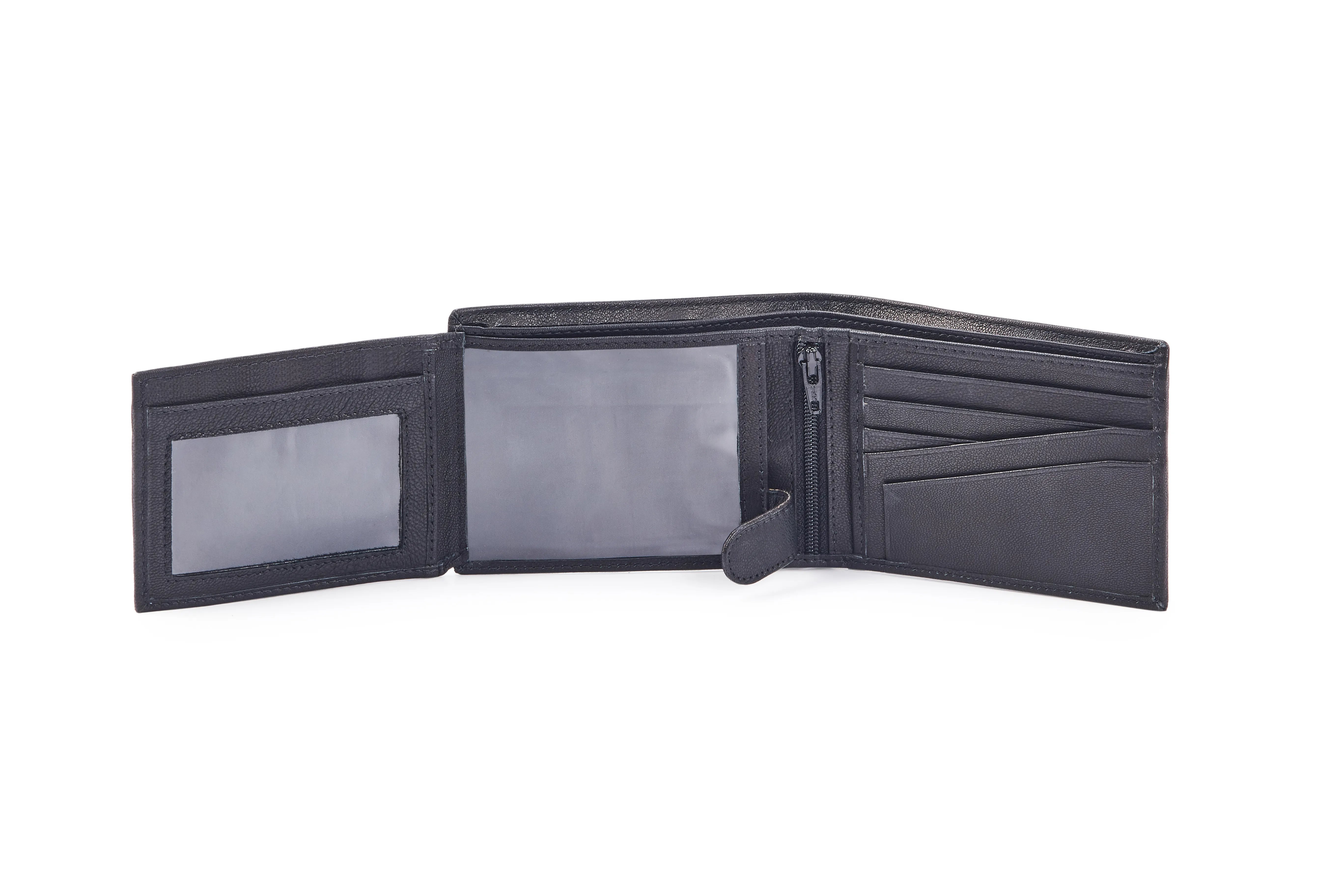 Black Goat Nappa Leather Bi-Fold Wallet with RFID Protection, 10 Card Cases, 2 ID Windows, Center Zip, and Securing Loop Button