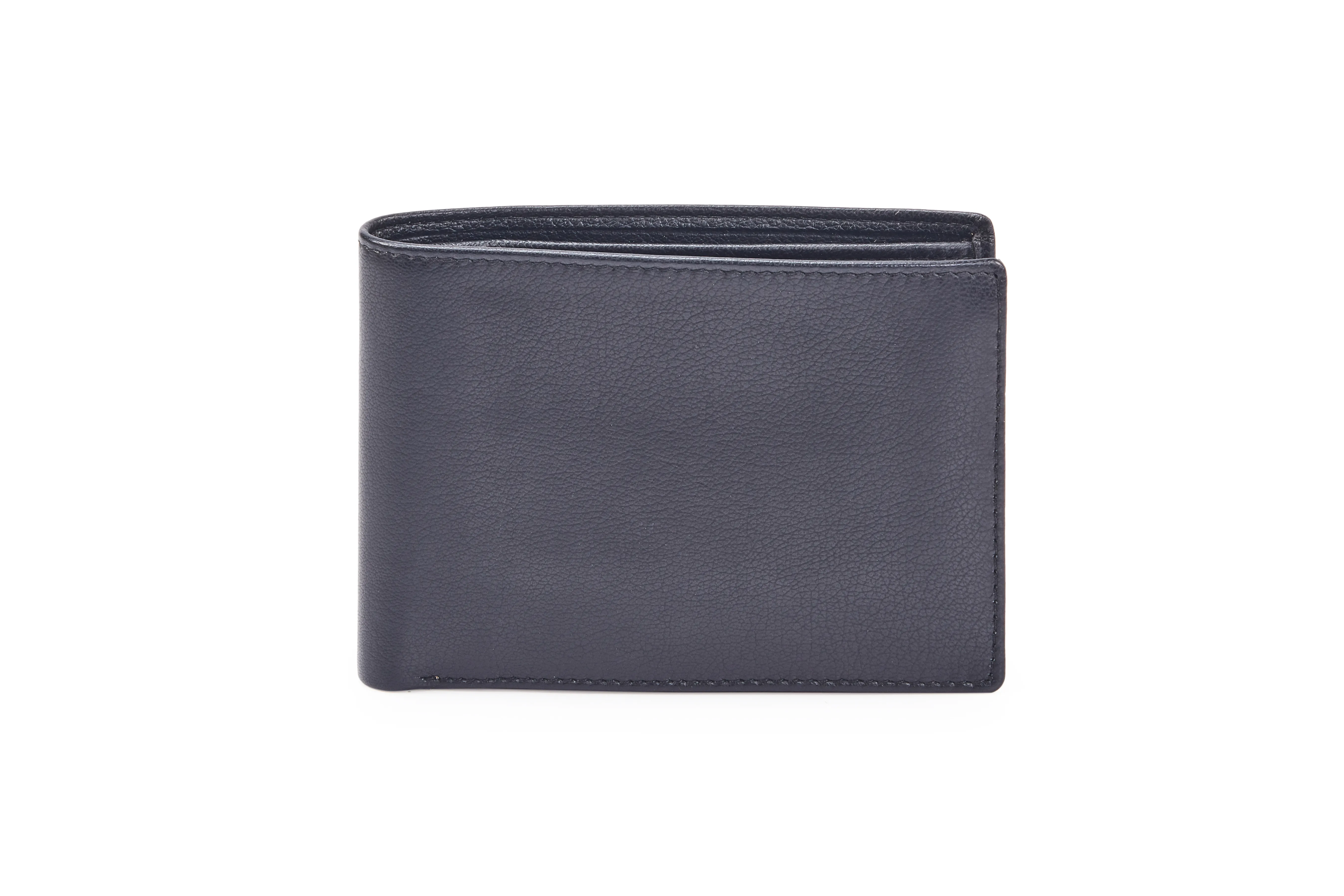 Black Goat Nappa Leather Bi-Fold Wallet with 12 Card Slots, 2 ID Windows, Coin Pocket, Center Zipper, and Internal Loop Button Closure