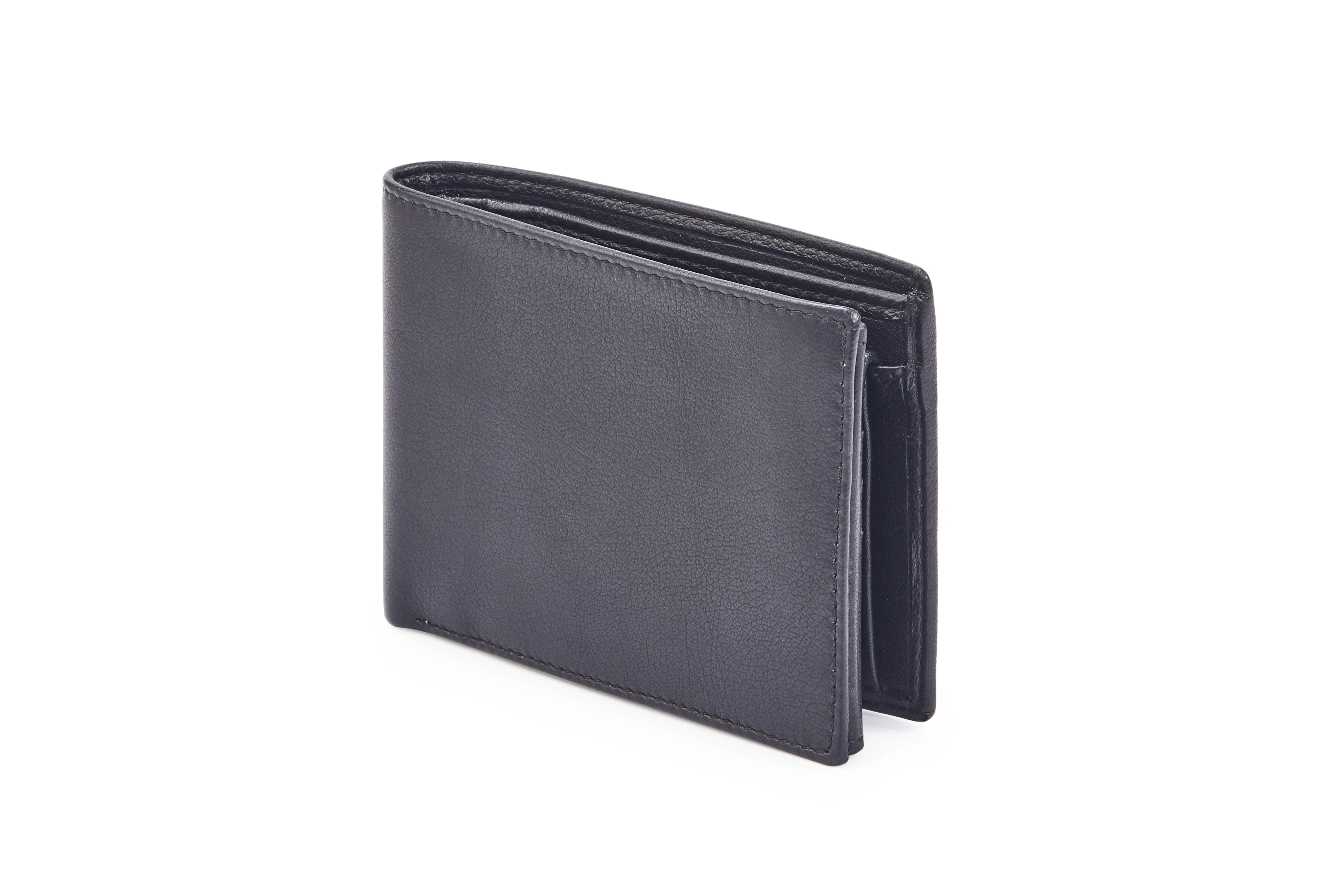 Black Goat Nappa Leather Bi-Fold Wallet with 12 Card Slots, 2 ID Windows, Coin Pocket, Center Zipper, and Internal Loop Button Closure