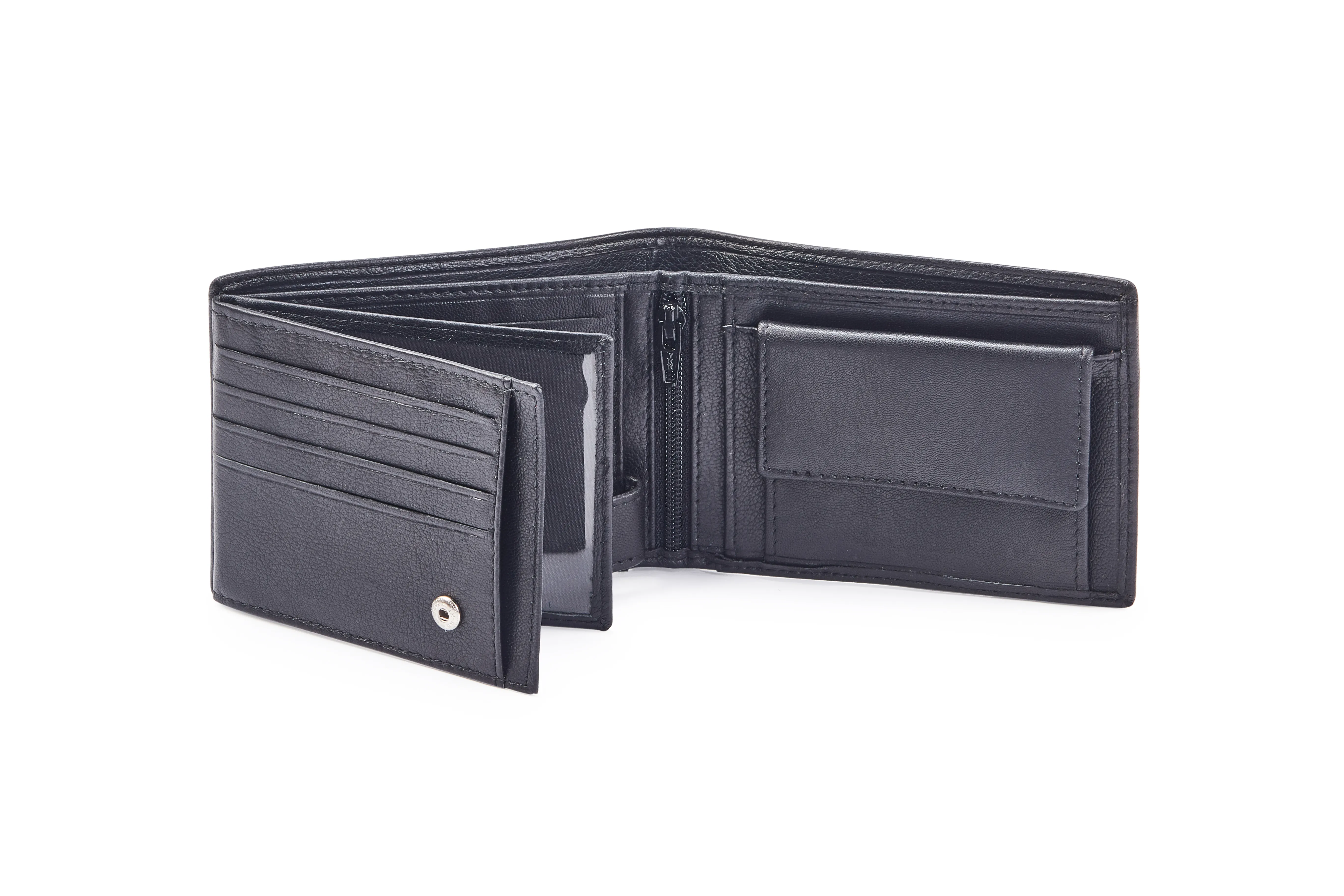 Black Goat Nappa Leather Bi-Fold Wallet with 12 Card Slots, 2 ID Windows, Coin Pocket, Center Zipper, and Internal Loop Button Closure