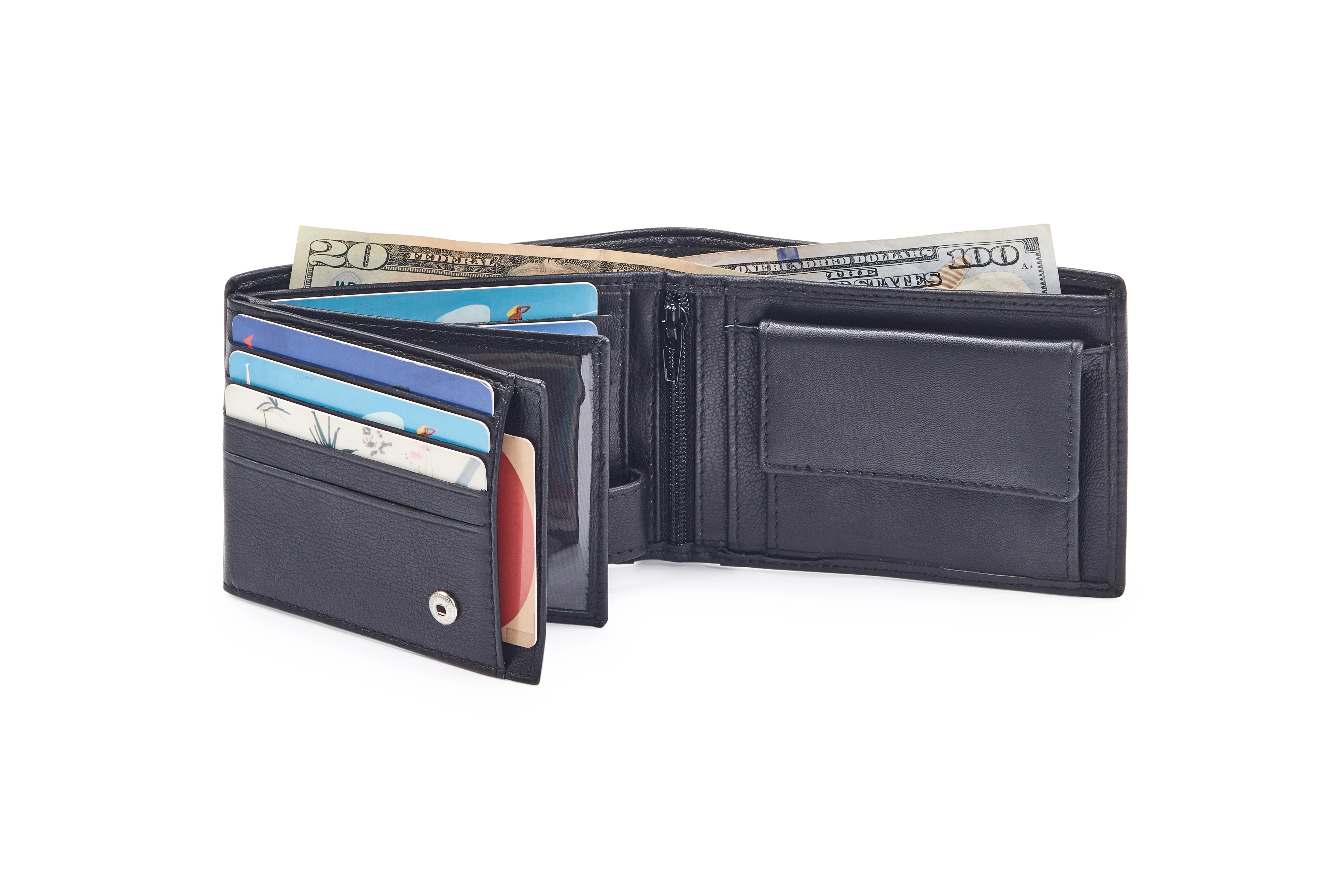 Black Goat Nappa Leather Bi-Fold Wallet with 12 Card Slots, 2 ID Windows, Coin Pocket, Center Zipper, and Internal Loop Button Closure