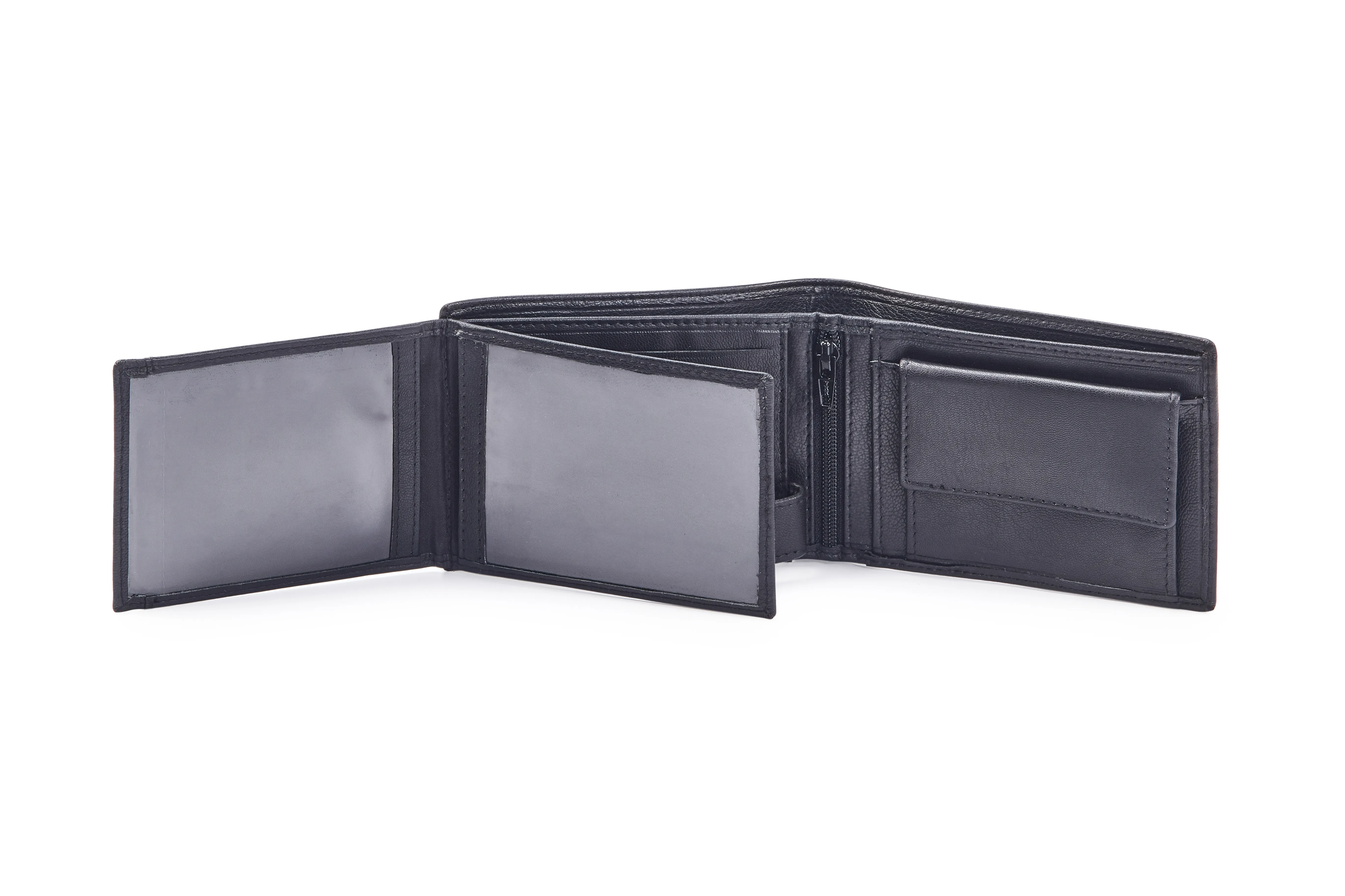 Black Goat Nappa Leather Bi-Fold Wallet with 12 Card Slots, 2 ID Windows, Coin Pocket, Center Zipper, and Internal Loop Button Closure