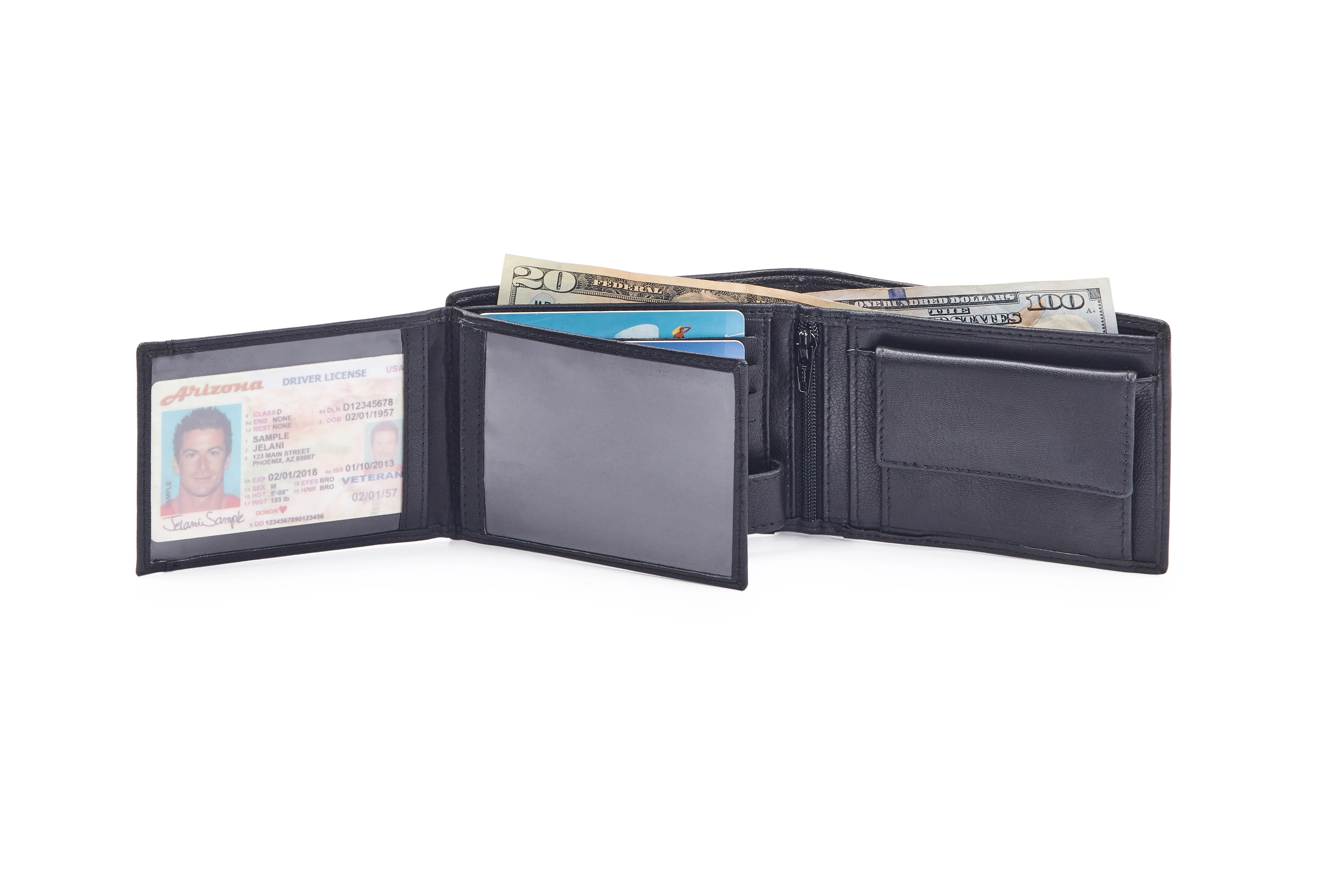 Black Goat Nappa Leather Bi-Fold Wallet with 12 Card Slots, 2 ID Windows, Coin Pocket, Center Zipper, and Internal Loop Button Closure