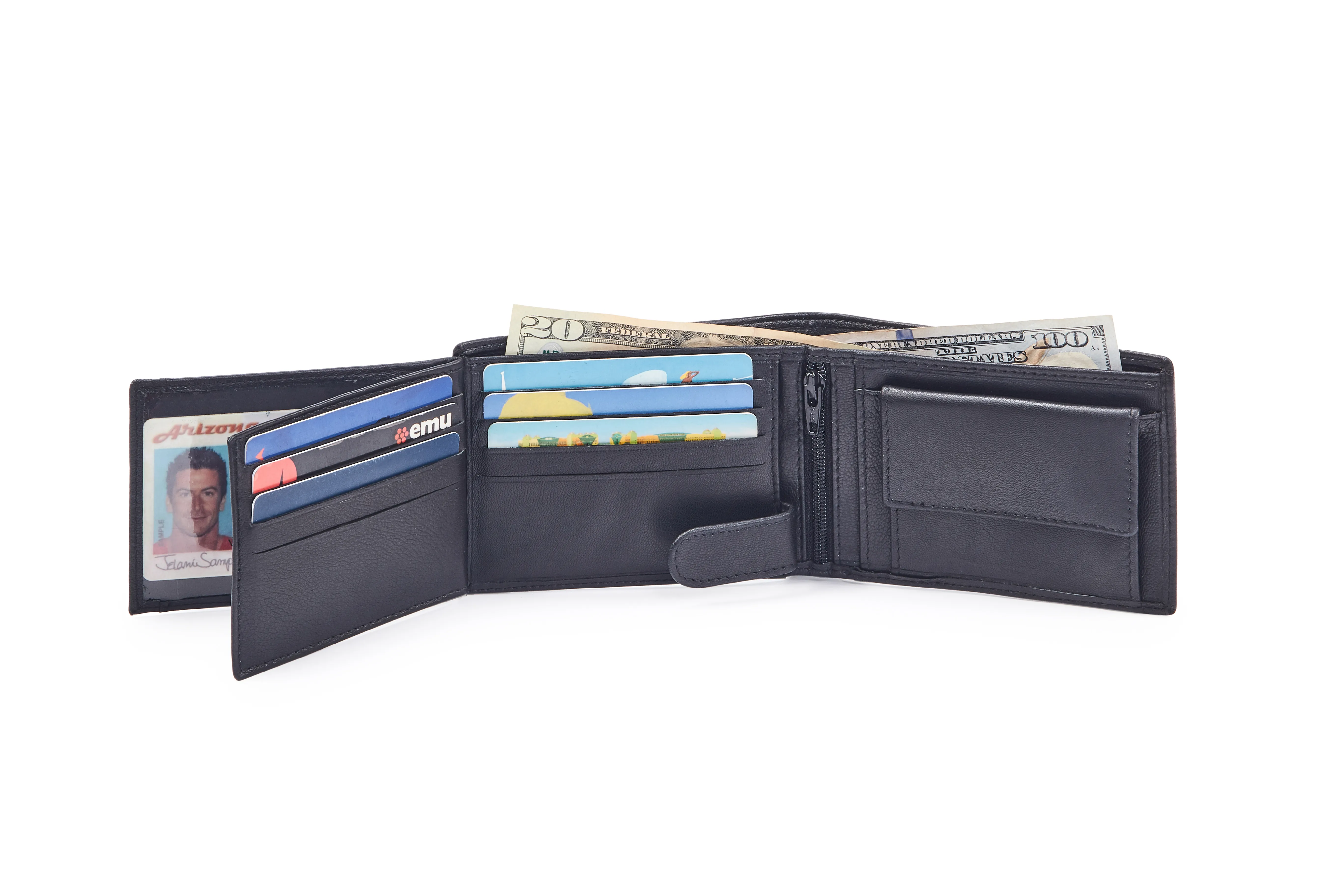 Black Goat Nappa Leather Bi-Fold Wallet with 12 Card Slots, 2 ID Windows, Coin Pocket, Center Zipper, and Internal Loop Button Closure