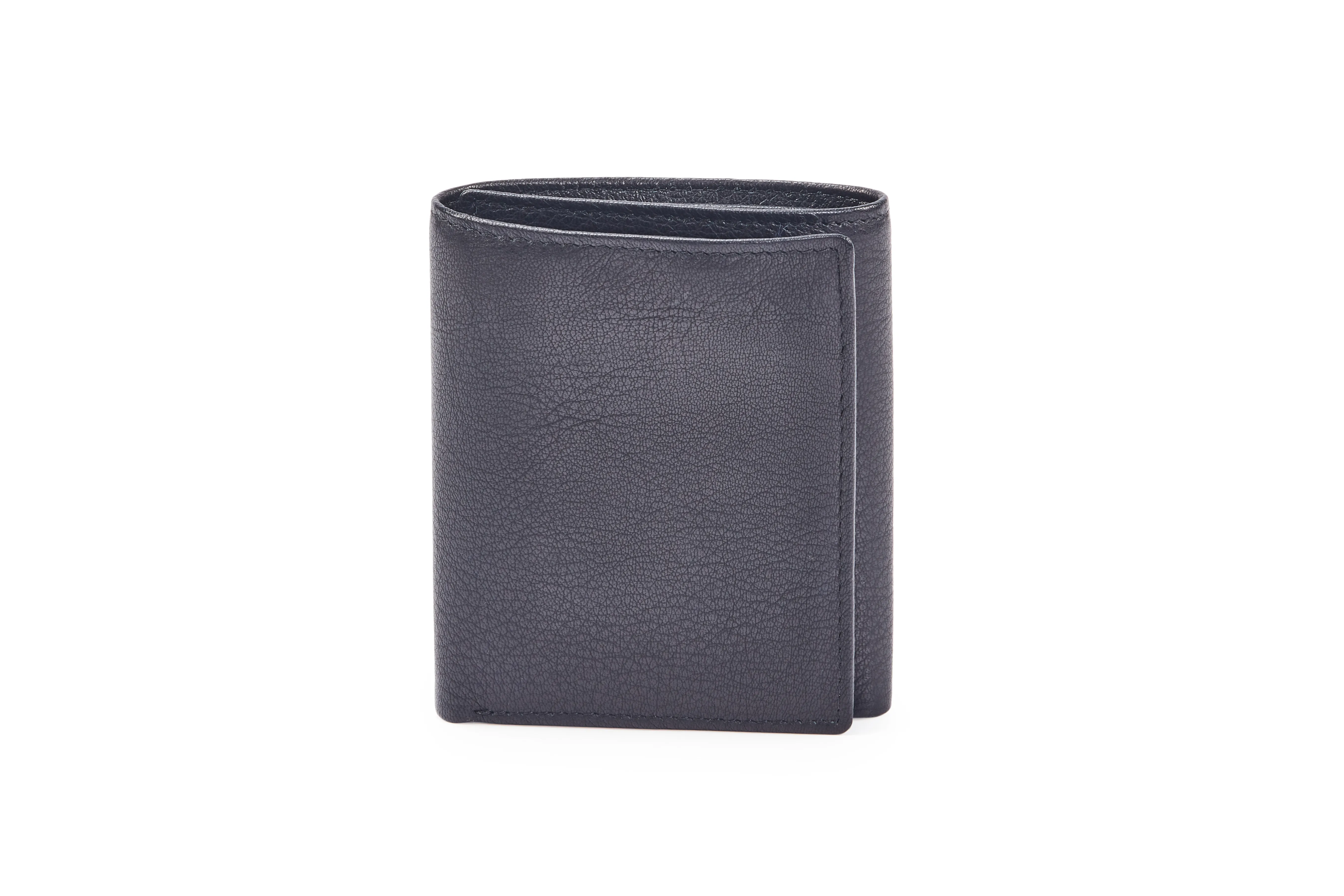 Goat Nappa Leather Black Tri-Fold Wallet with Card Cases, Currency Compartments, Coin Pocket, and ID Window