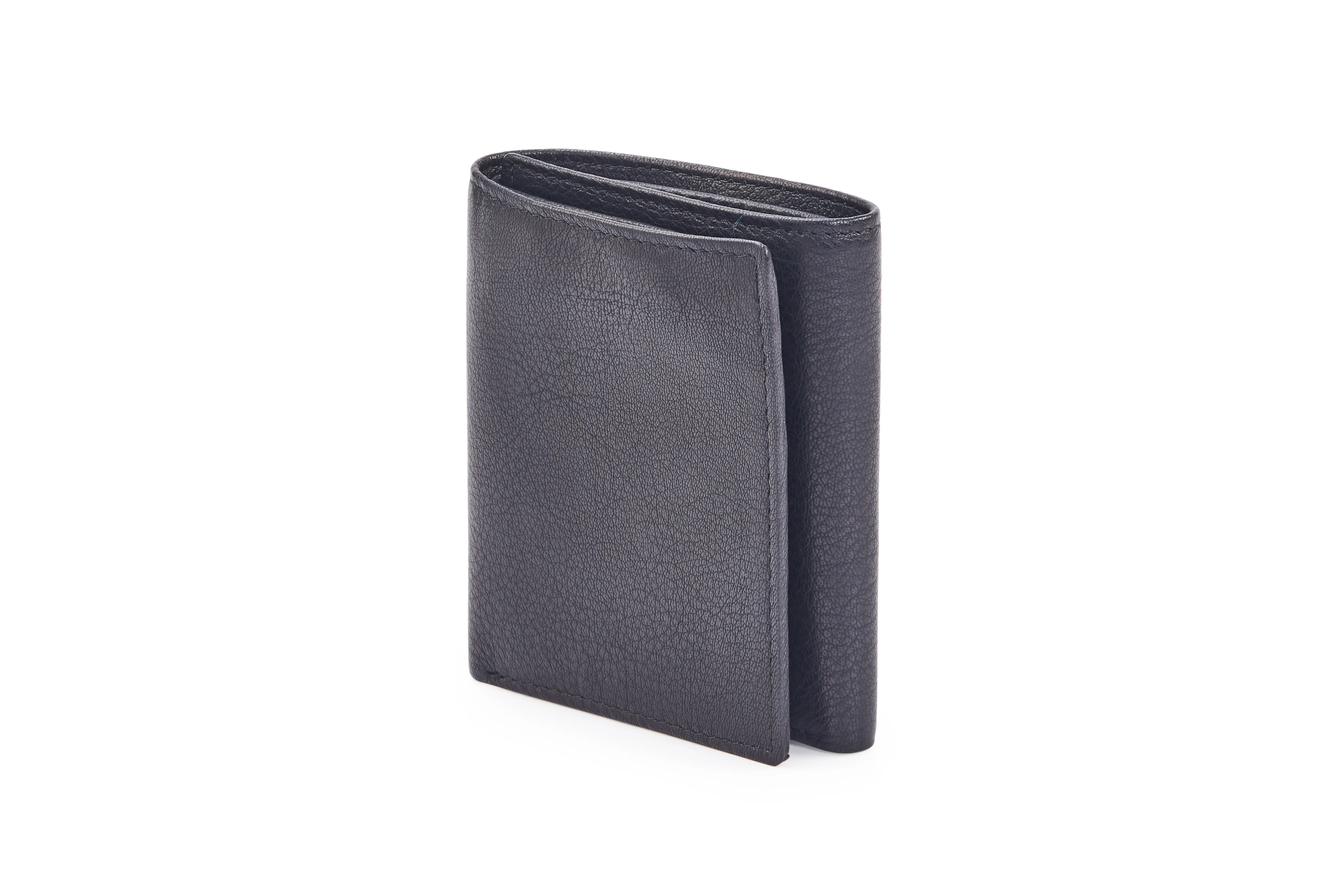 Goat Nappa Leather Black Tri-Fold Wallet with Card Cases, Currency Compartments, Coin Pocket, and ID Window