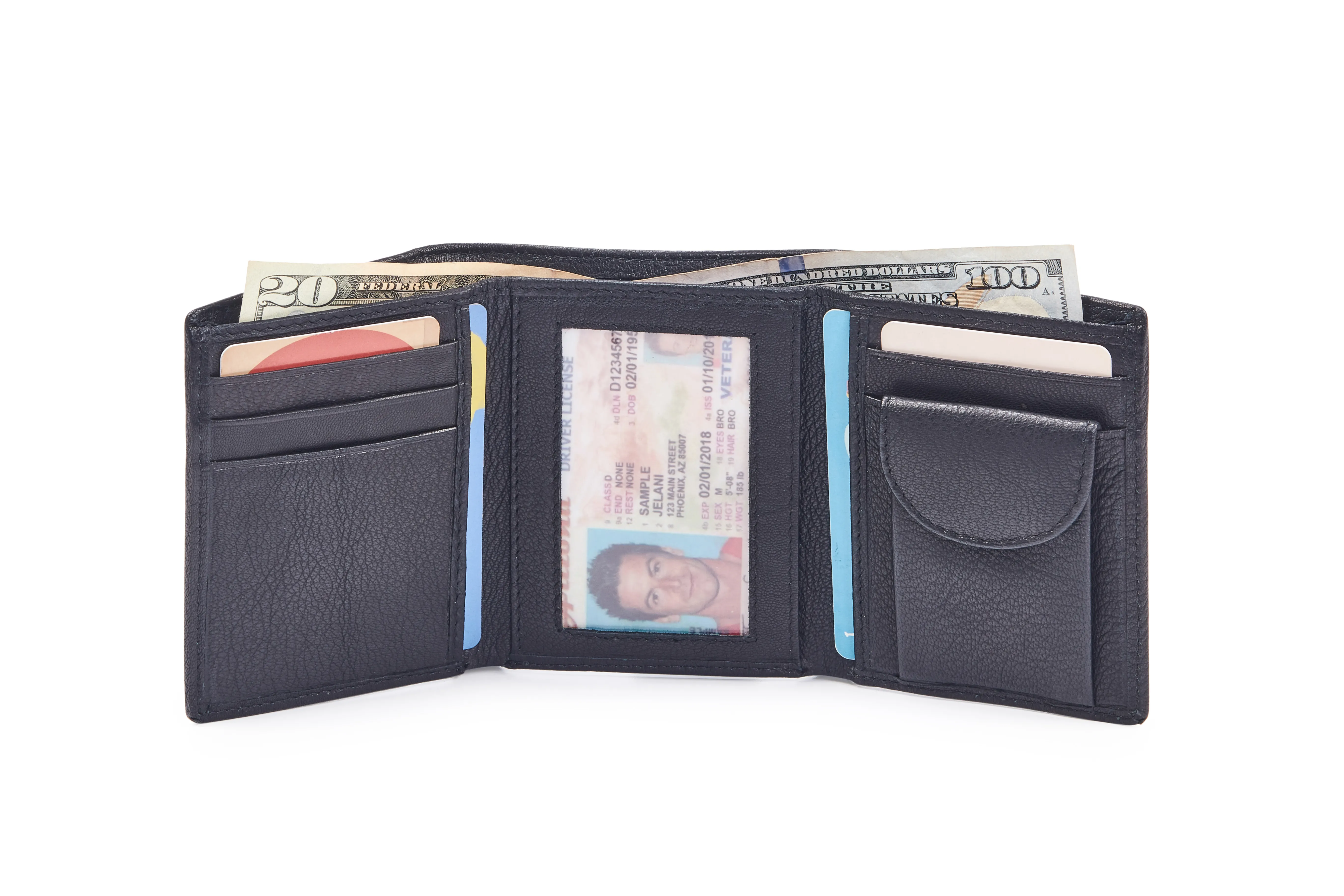 Goat Nappa Leather Black Tri-Fold Wallet with Card Cases, Currency Compartments, Coin Pocket, and ID Window