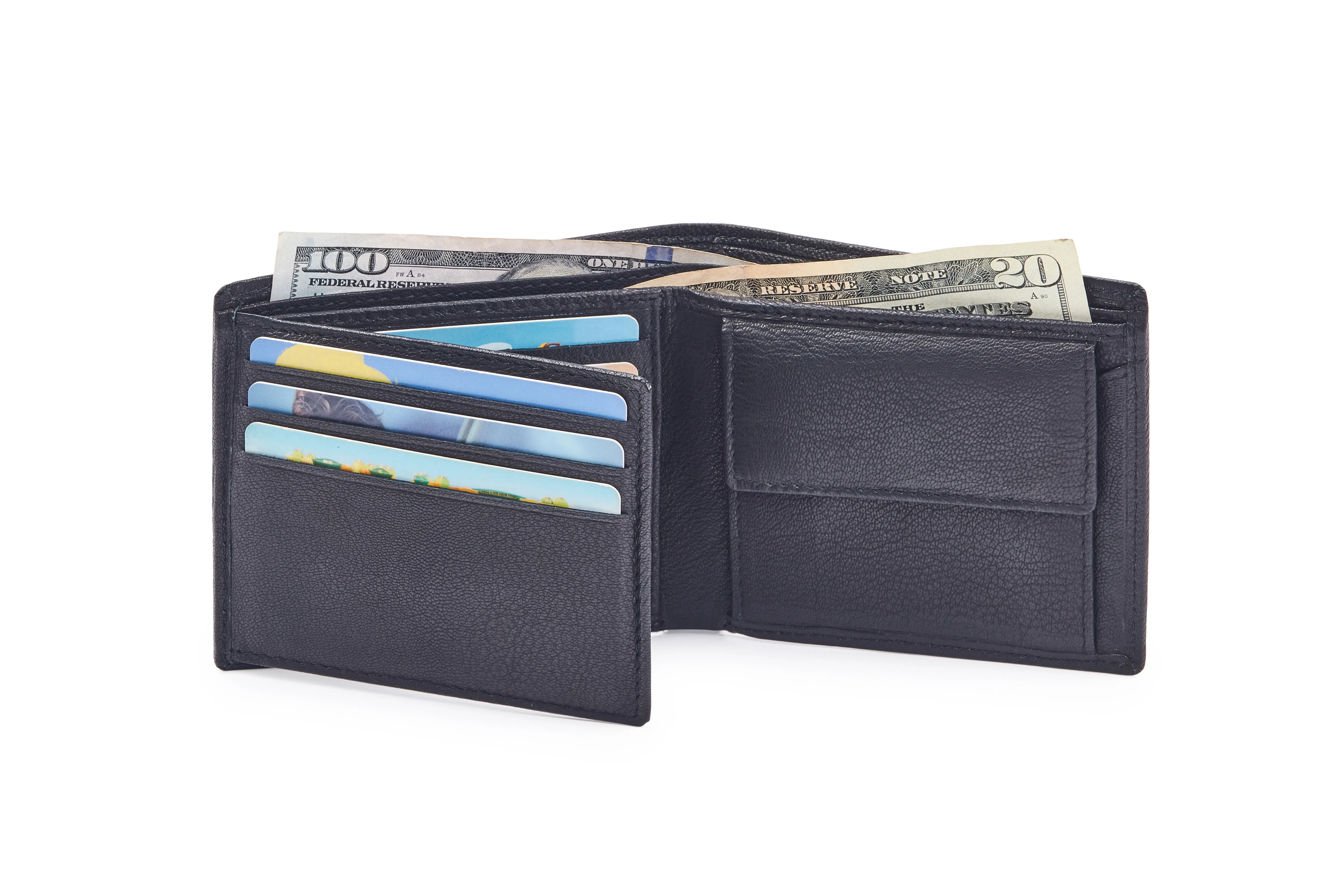 Black Goat Nappa Leather Bi-Fold Wallet with 6 Card Slots, Coin Pocket, ID Window, Secret Compartments, Currency Compartments, and Side Over-flap