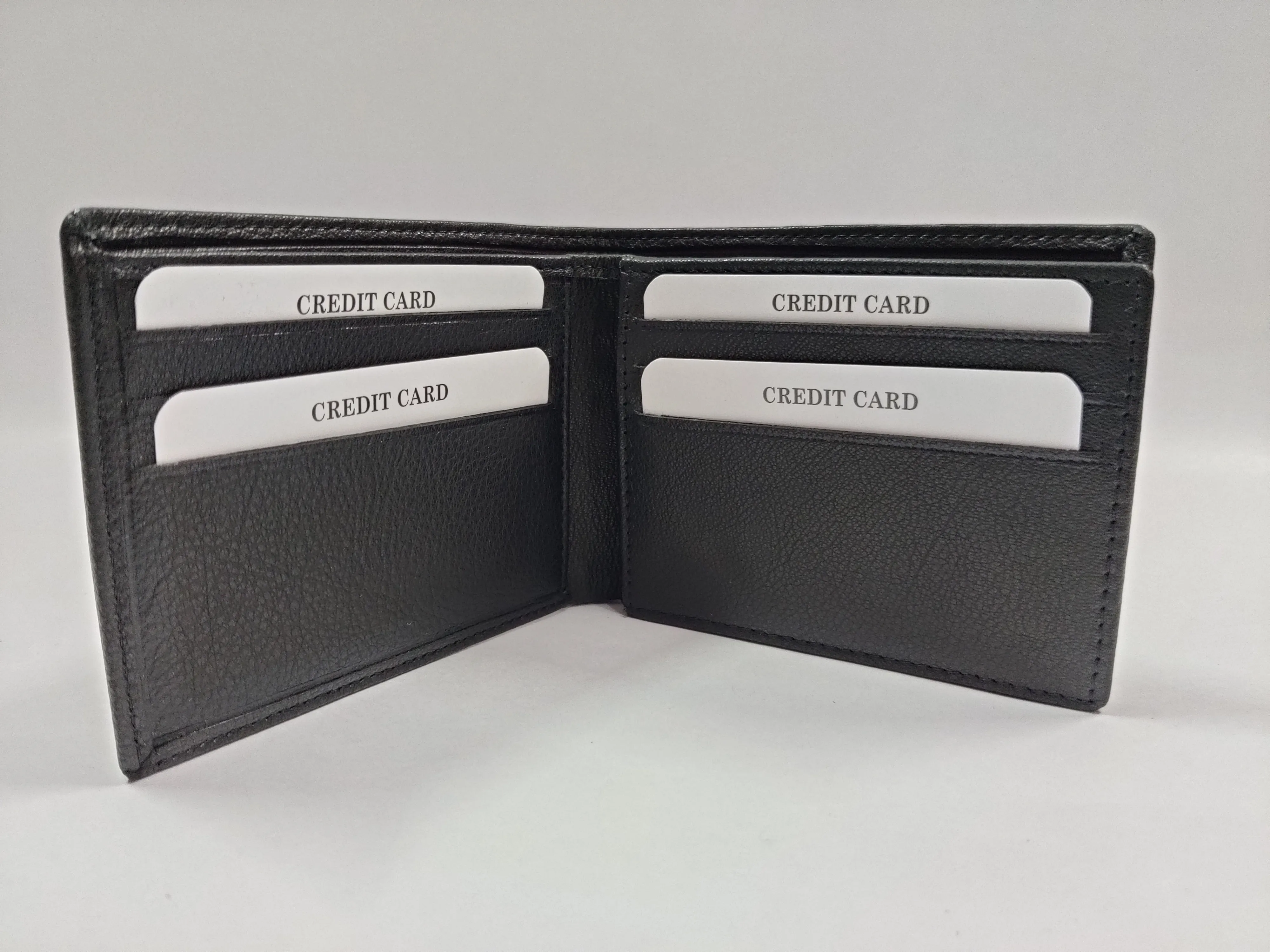 Genuine black goat Nappa leather bifold wallet with horizontal flap, 9 credit card slots, ID window, secret compartments, and dual currency storage.