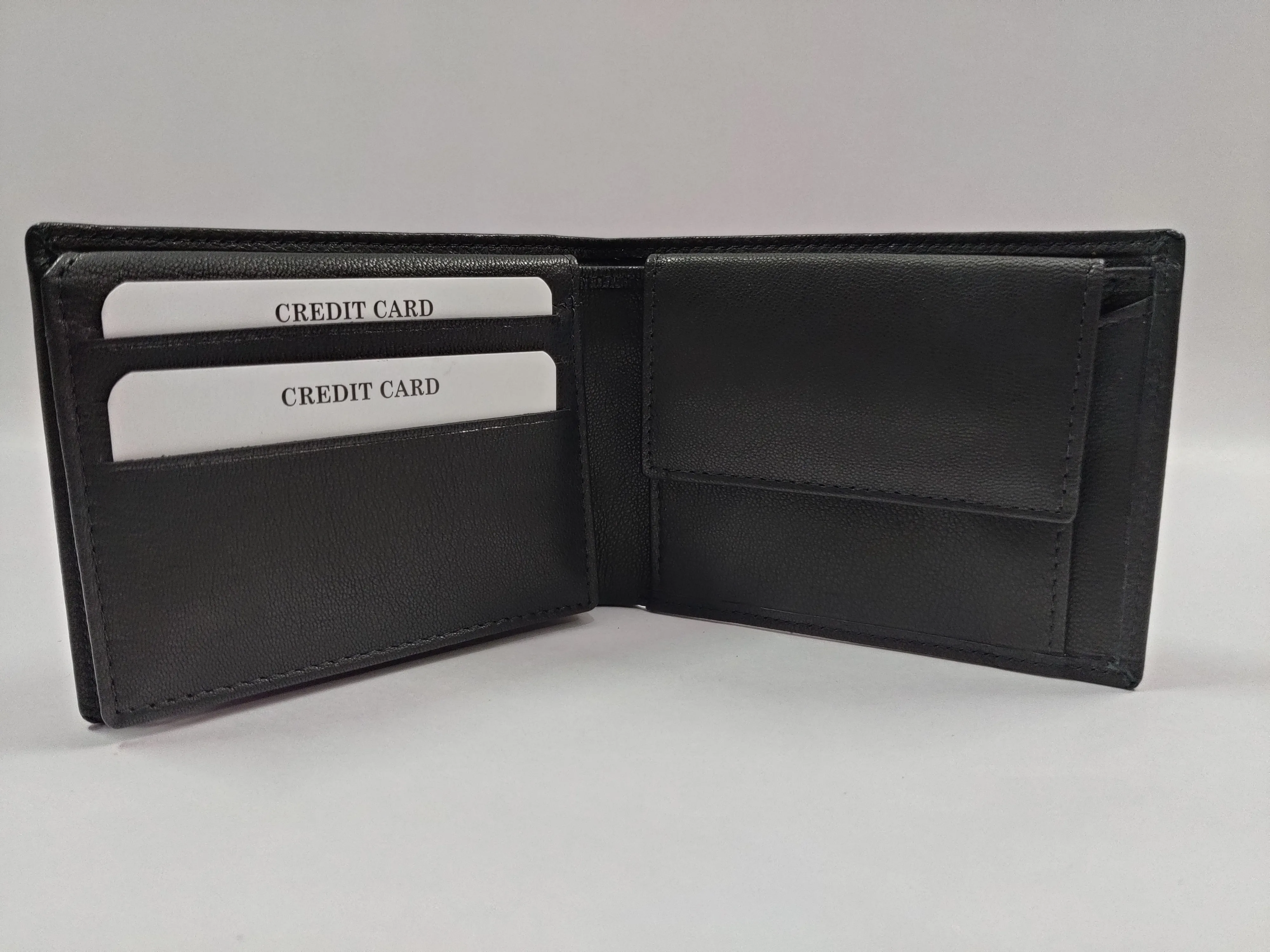 Black Goat Nappa Leather Bi-Fold Wallet with RFID, 6 Card Slots, Coin Pocket with Key Holder, ID Window, Secret Compartments, and Top Over-flap.