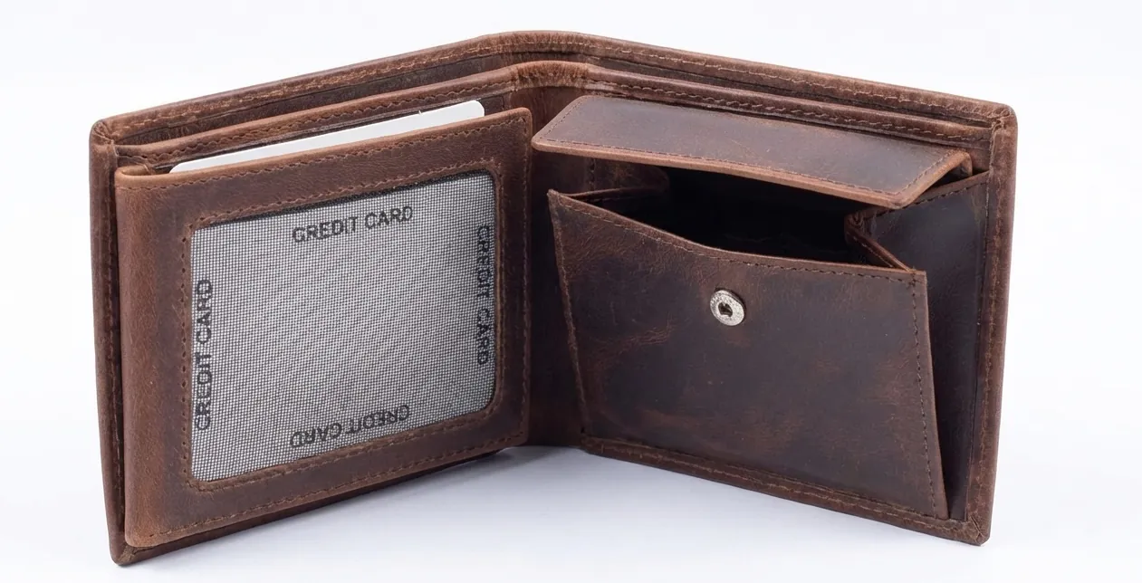 Genuine full grain hunter leather wallet with waxy finish, multiple card slots, currency compartments, coin pocket, and detachable card holder in a vintage rugged design.