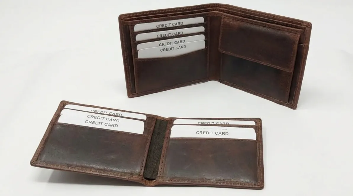 Genuine full grain hunter leather wallet with waxy finish, multiple card slots, currency compartments, coin pocket, and detachable card holder in a vintage rugged design.