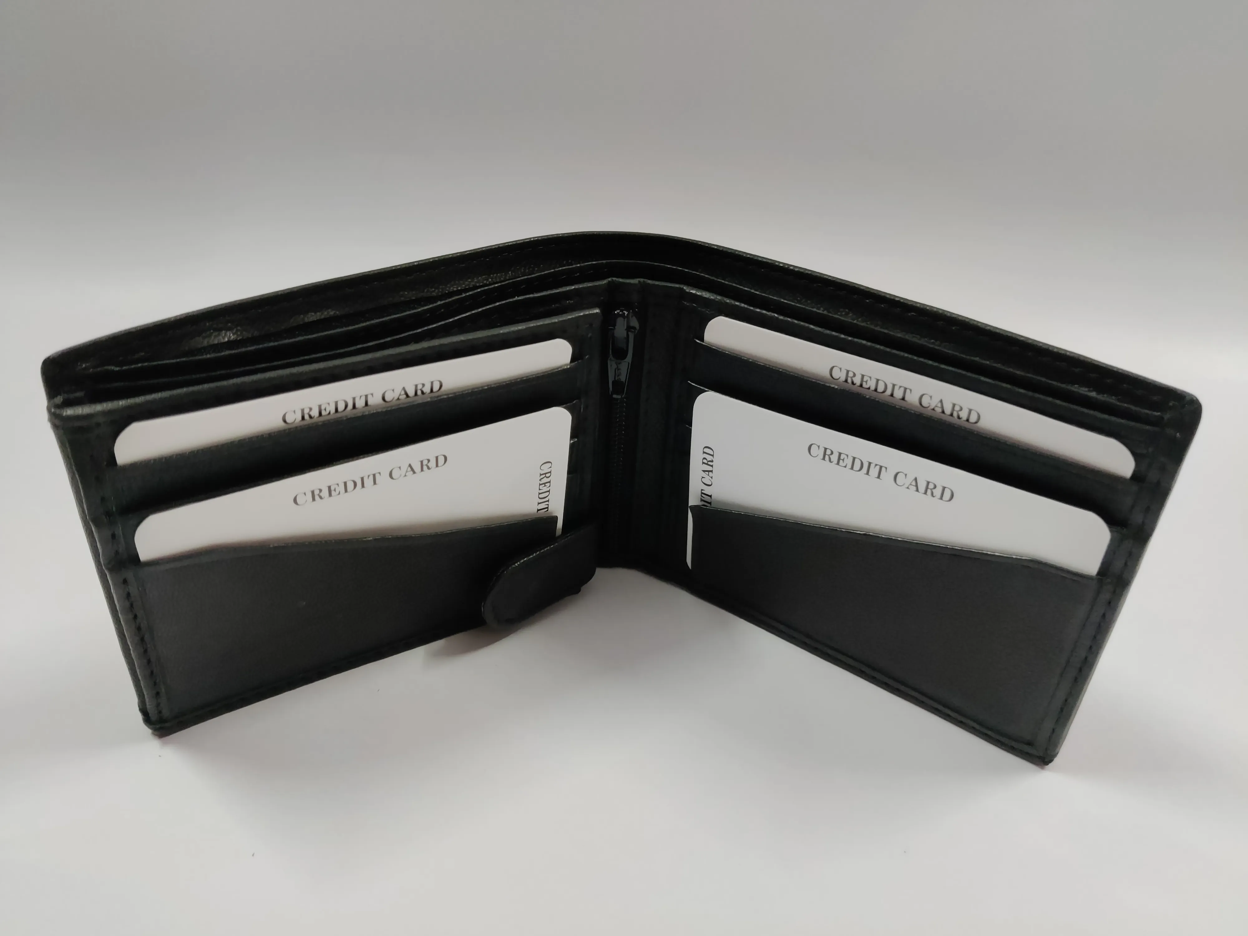 Black Goat Nappa Leather Bi-Fold Wallet with RFID Protection, 10 Card Cases, 2 ID Windows, Center Zip, and Securing Loop Button