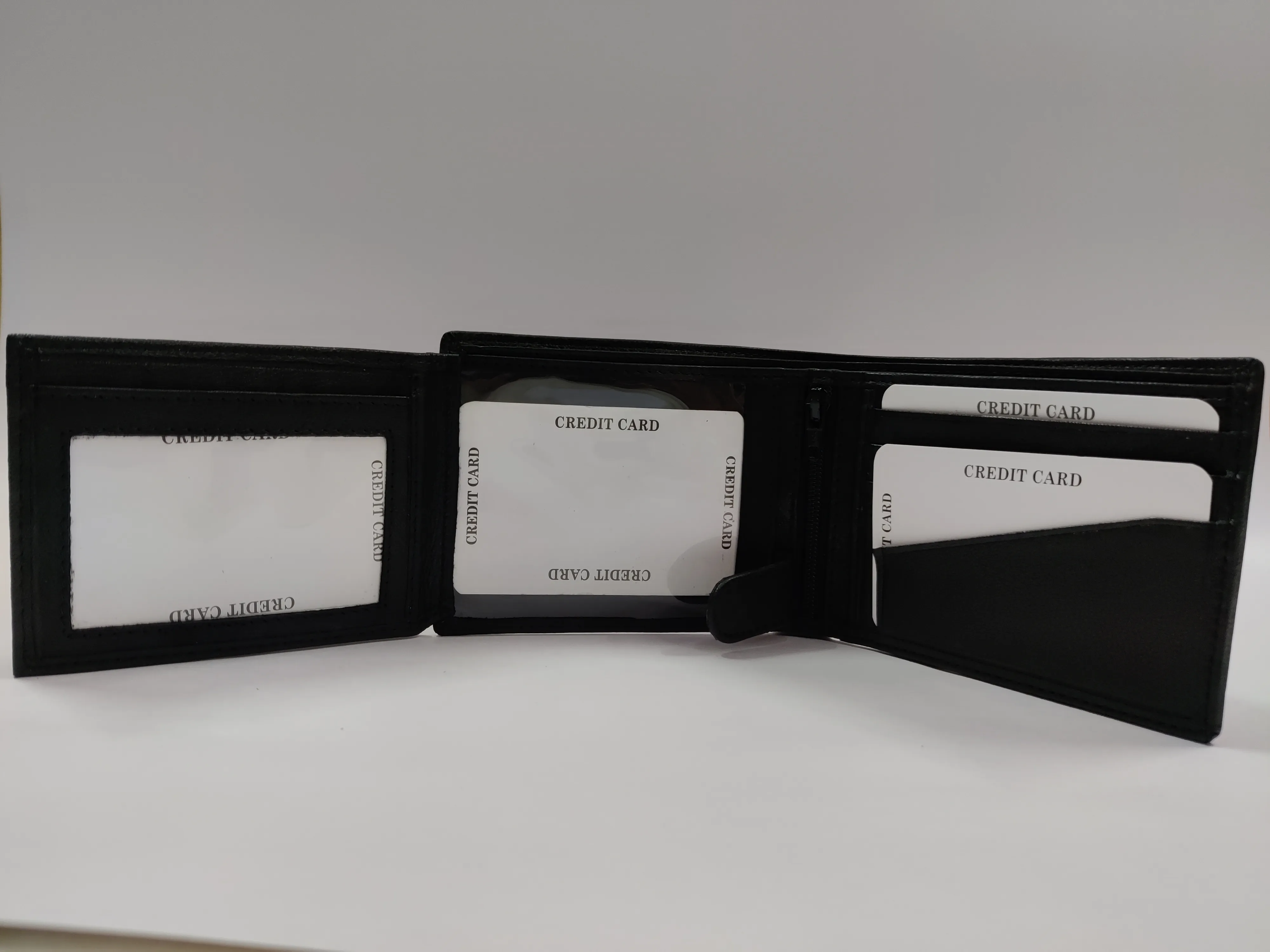 Black Goat Nappa Leather Bi-Fold Wallet with RFID Protection, 10 Card Cases, 2 ID Windows, Center Zip, and Securing Loop Button