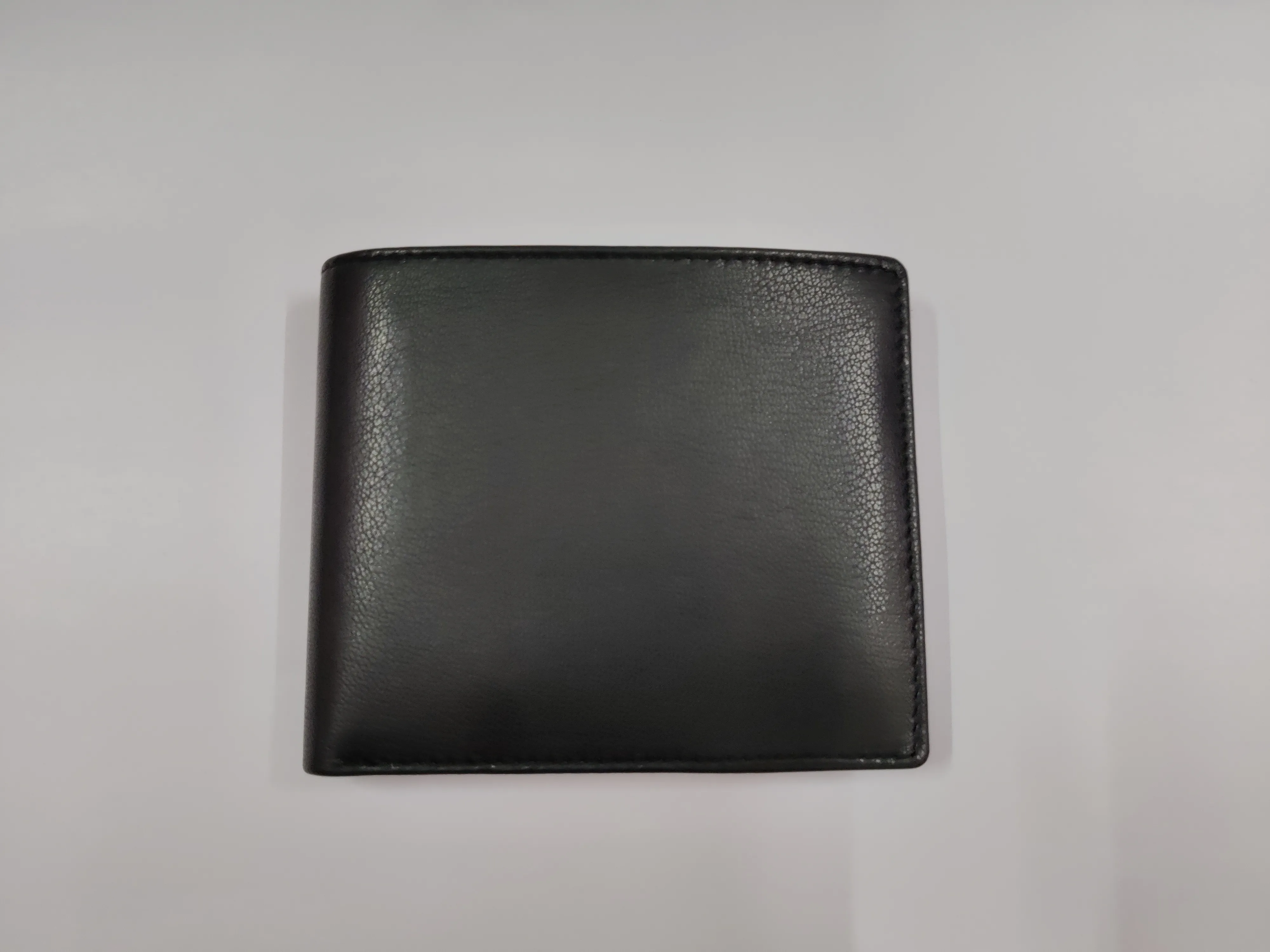 Black Goat Nappa Leather Bi-Fold Wallet with 6 Card Slots, Coin Pocket, ID Window, Secret Compartments, Currency Compartments, and Side Over-flap
