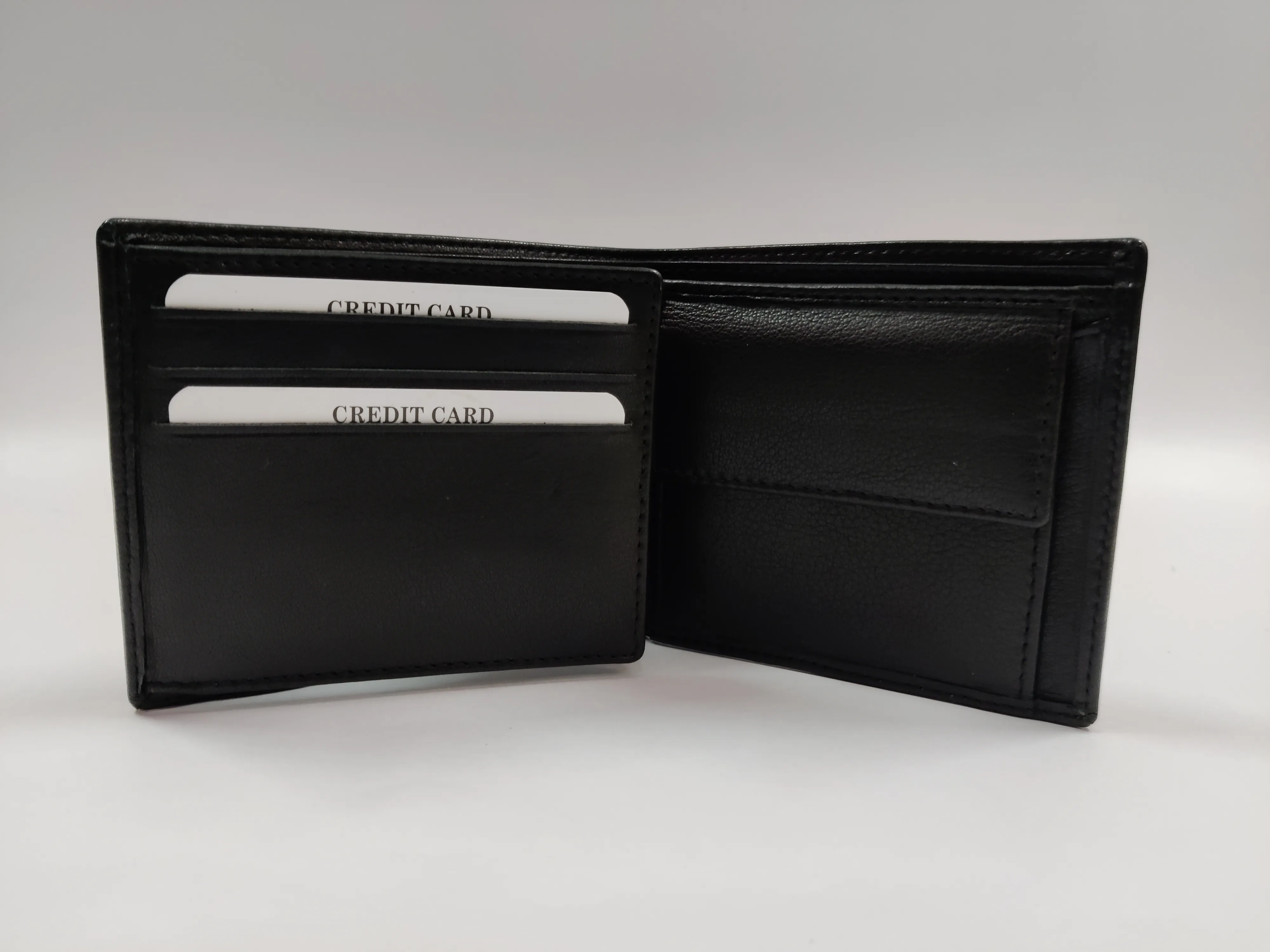 Black Goat Nappa Leather Bi-Fold Wallet with 6 Card Slots, Coin Pocket, ID Window, Secret Compartments, Currency Compartments, and Side Over-flap