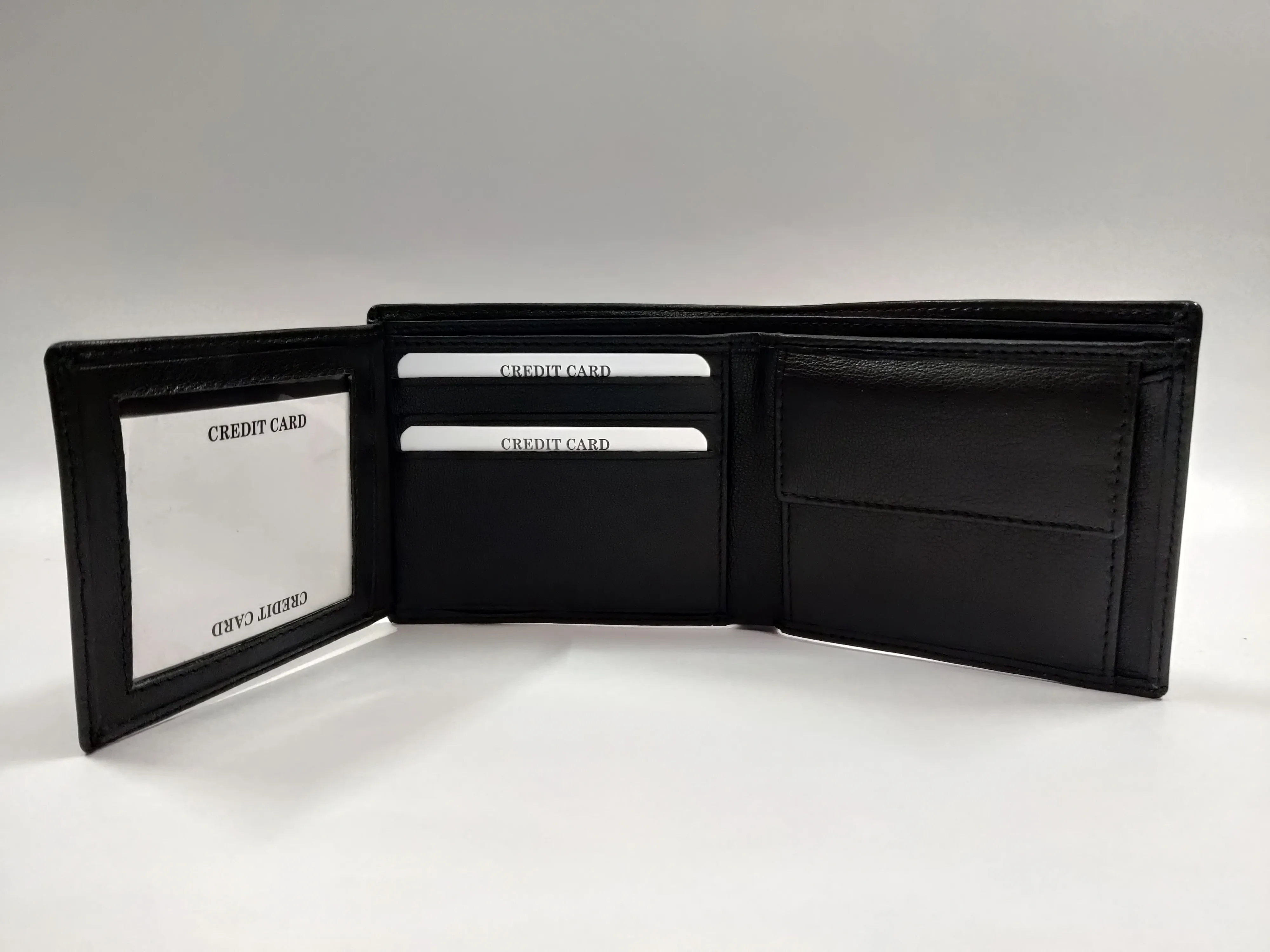 Black Goat Nappa Leather Bi-Fold Wallet with 6 Card Slots, Coin Pocket, ID Window, Secret Compartments, Currency Compartments, and Side Over-flap